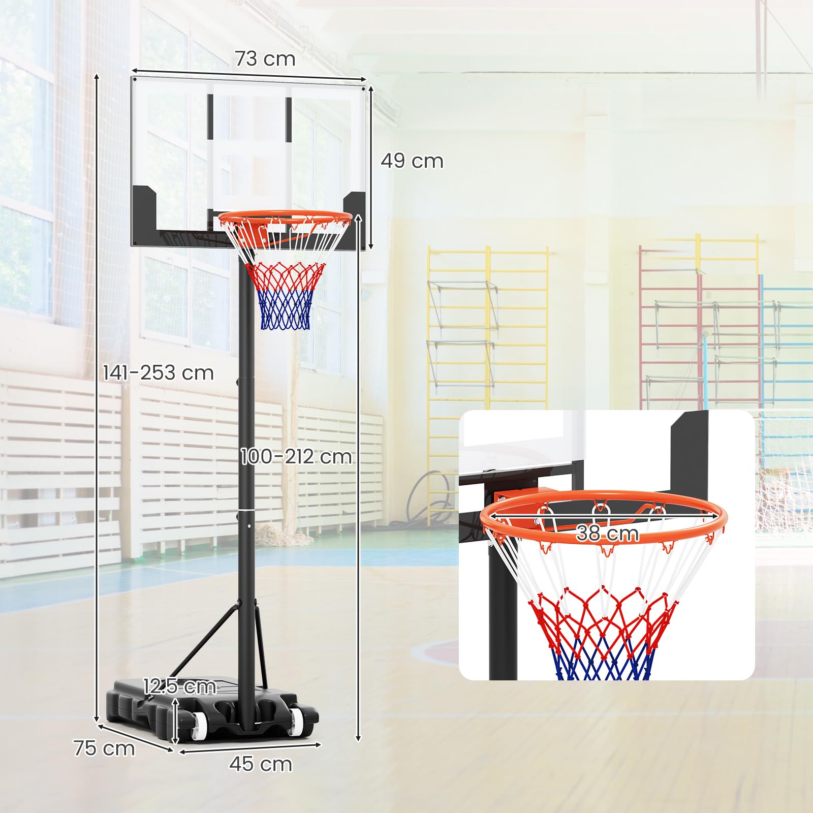 GYMAX Panier Basket Extérieur pour Enfants 3 Ans+, Hauteur 100 à 212 cm, Mobile avec 2 Roues, Base Stable Remplissable, Espace pour Rangement de Ball, Installation et Réglage Facile