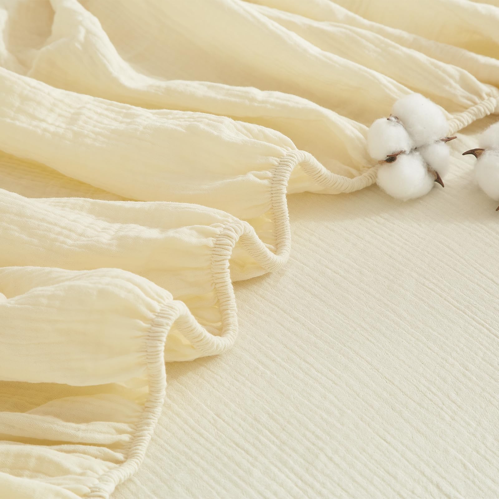 Boqingzhu Sábana bajera ajustable de algodón de muselina, 140 x 200 cm, color crema y blanco, transpirable, suave, con certificado Oeko-Tex, para colchón de 25 a 30 cm