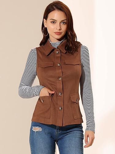 Miniatura 2 de Allegra K Chaleco de Gamuza Sintética Utilitario para Mujer con Botones sin Mangas con Bolsillo Cargo