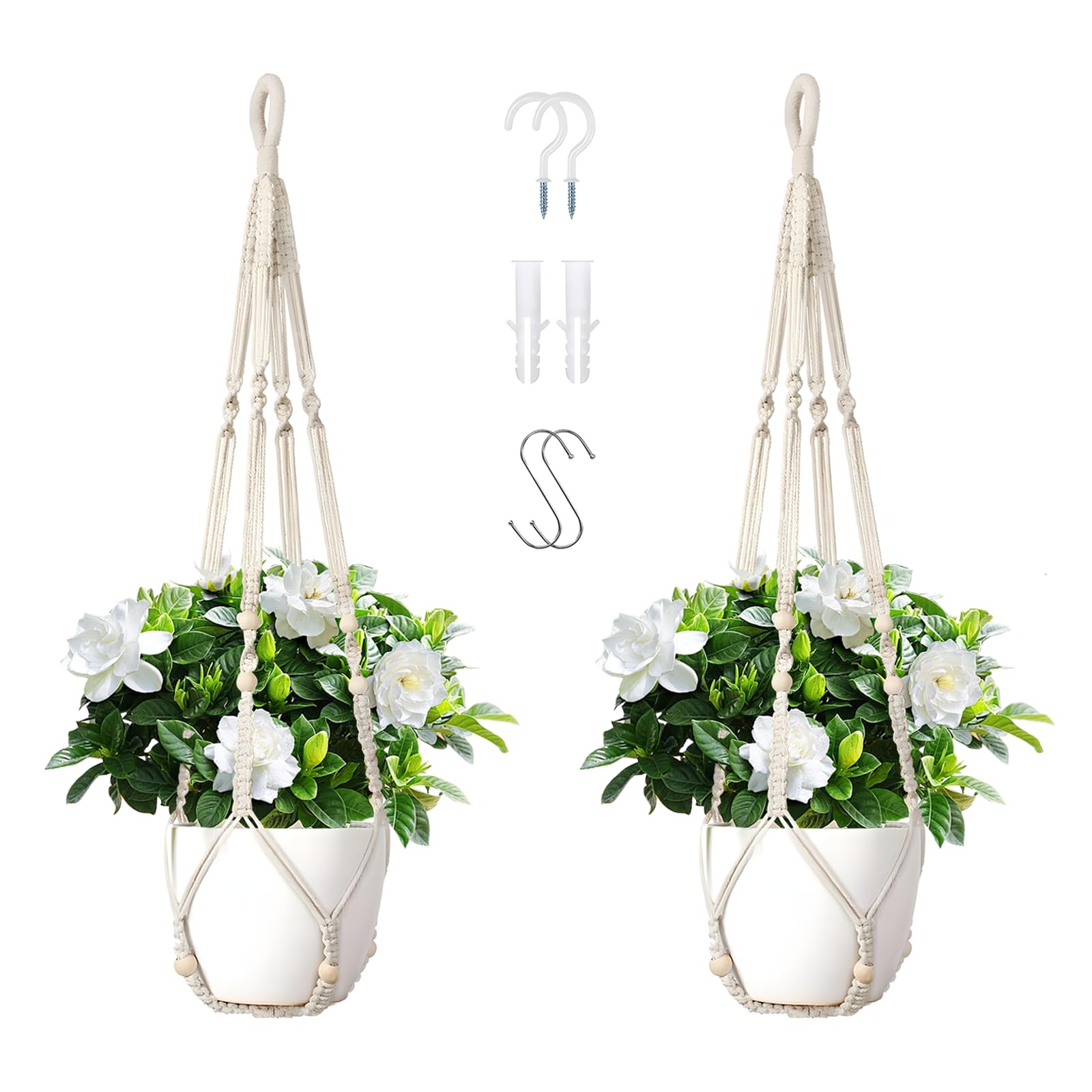 WYCWYQDR 2 Pack Macrame Plant Hangers 35 Inch – Handmade Cotton Hanging Plant Holder with Hooks, Bohemian Style for Indoor Outdoor Use, Ivory (Planters & Plants Not Included)