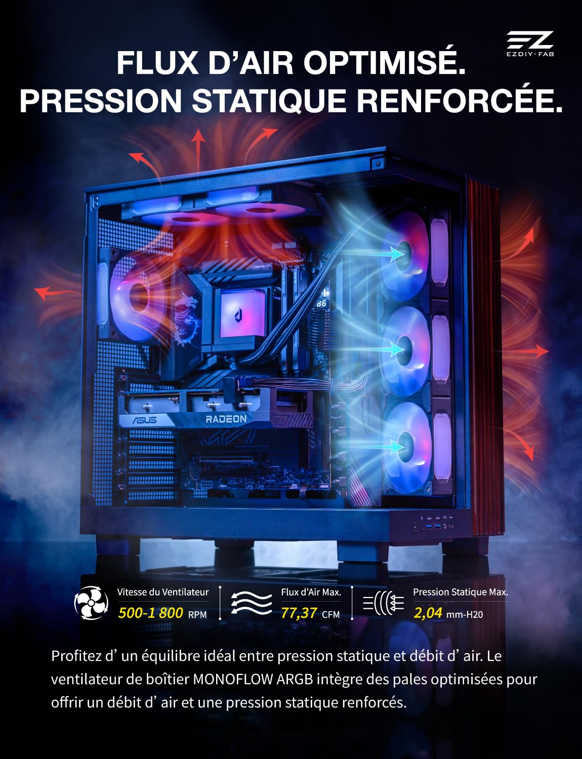 EZDIY-FAB MONOFLOW Ventilateur boîtier 120mm ARGB PWM, cadre fixe 28mm,Noir