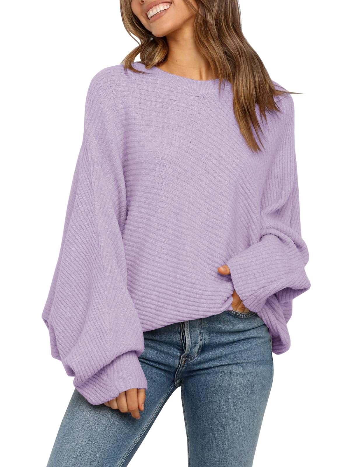Fessceruna Damen Pullover Oversize Fledermausärmel Strickpullover Winter Rundhals Pulli Geripptes Sweatshirt(Lila, XL)