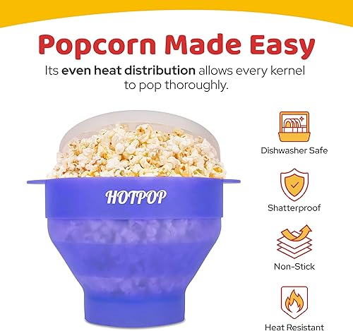 Miniatura 15 de El Hotpop Original - Palomitero para microondas, Popcorn, contenedor de silicona para hacer de palomitas de maíz, cuenco plegable sin BPA y apto