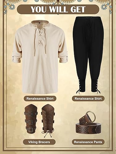 Miniatura 3 de Jiuguva - Disfraz renacentista medieval para hombre, juego de 4 piezas con camisa de pirata medieval, pantalones con bandas de tobillo, accesorios