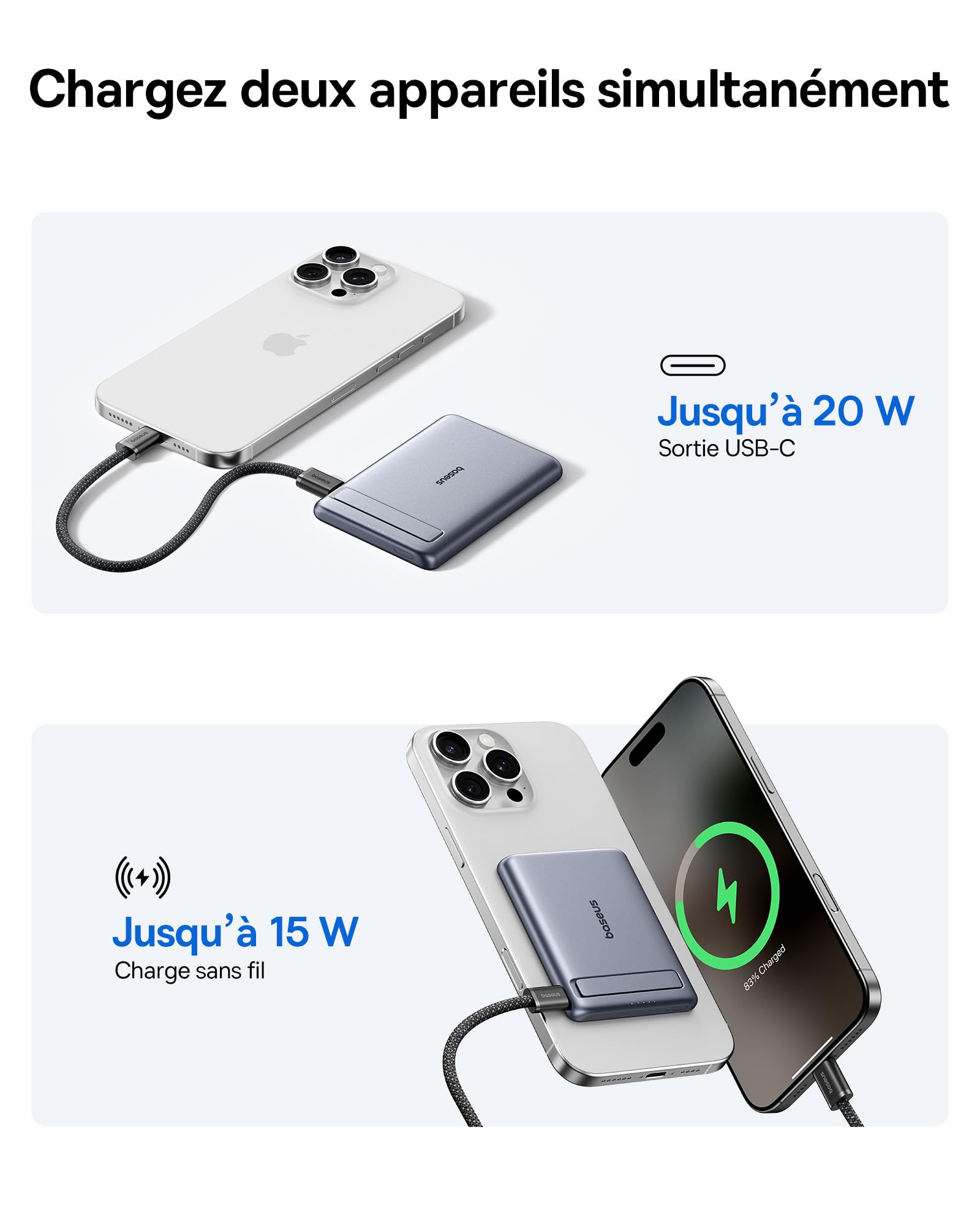 Baseus Mini MagSafe Powerbank 5000 mAh certifié Qi2 avec Support Pliable, PD 20 W, Batterie Externe magnétique USB C, sans Fil, Compatible avec iPhone 17/16/15/14/13/12/Pro/Pro Max, Gris