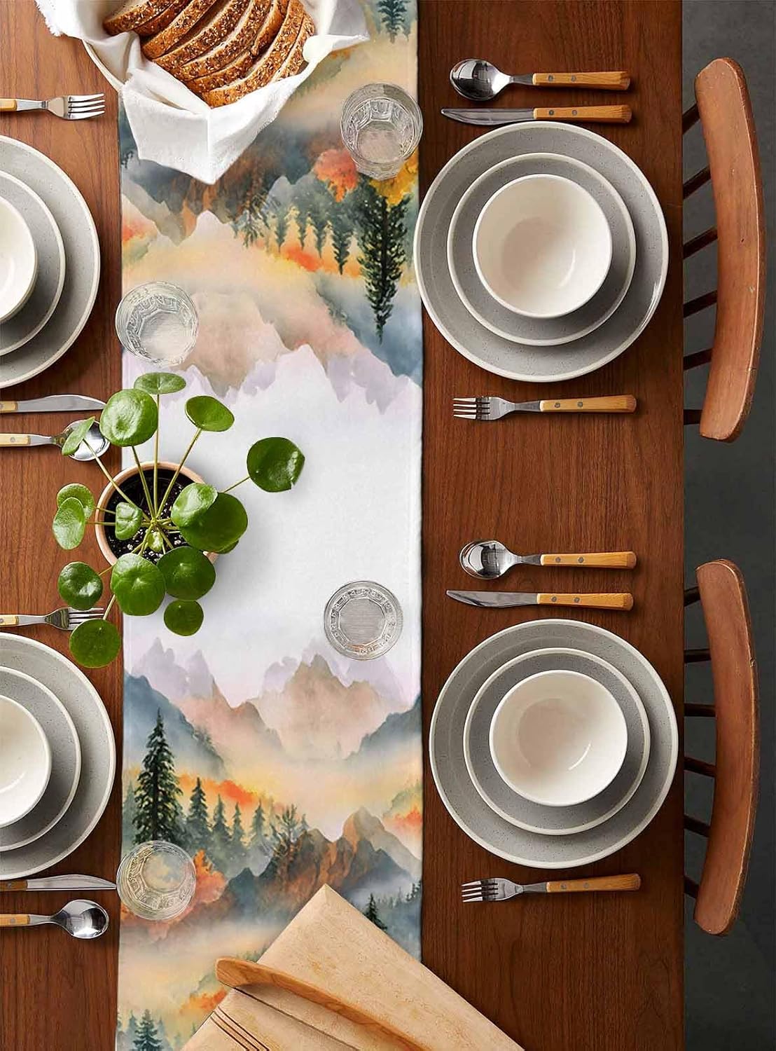 Fall Forest Table Runner 120 Inches Long for Dresser Dining Room Watercolor Mountains Woods Scenery Kitchen Dining Table Runners Table Decorations for Home Party Indoor Outdoor 13 x 120 Inch