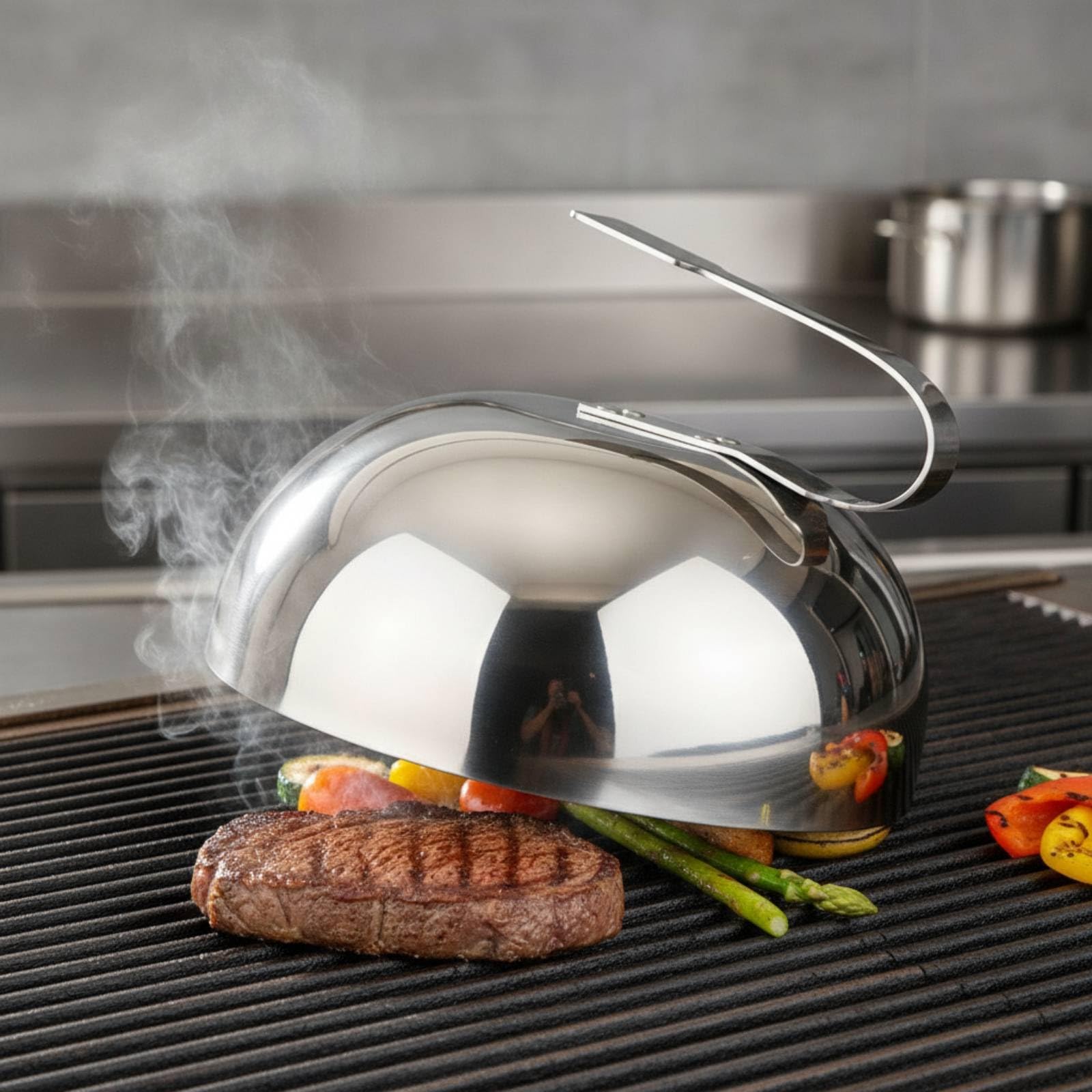 Coperchio Cottura Griglia Acciaio Inox 304 Cupola Professionale con Manico Pratico Finitura Levigata Utilizzabile per Interni Ed Esterni, Argento