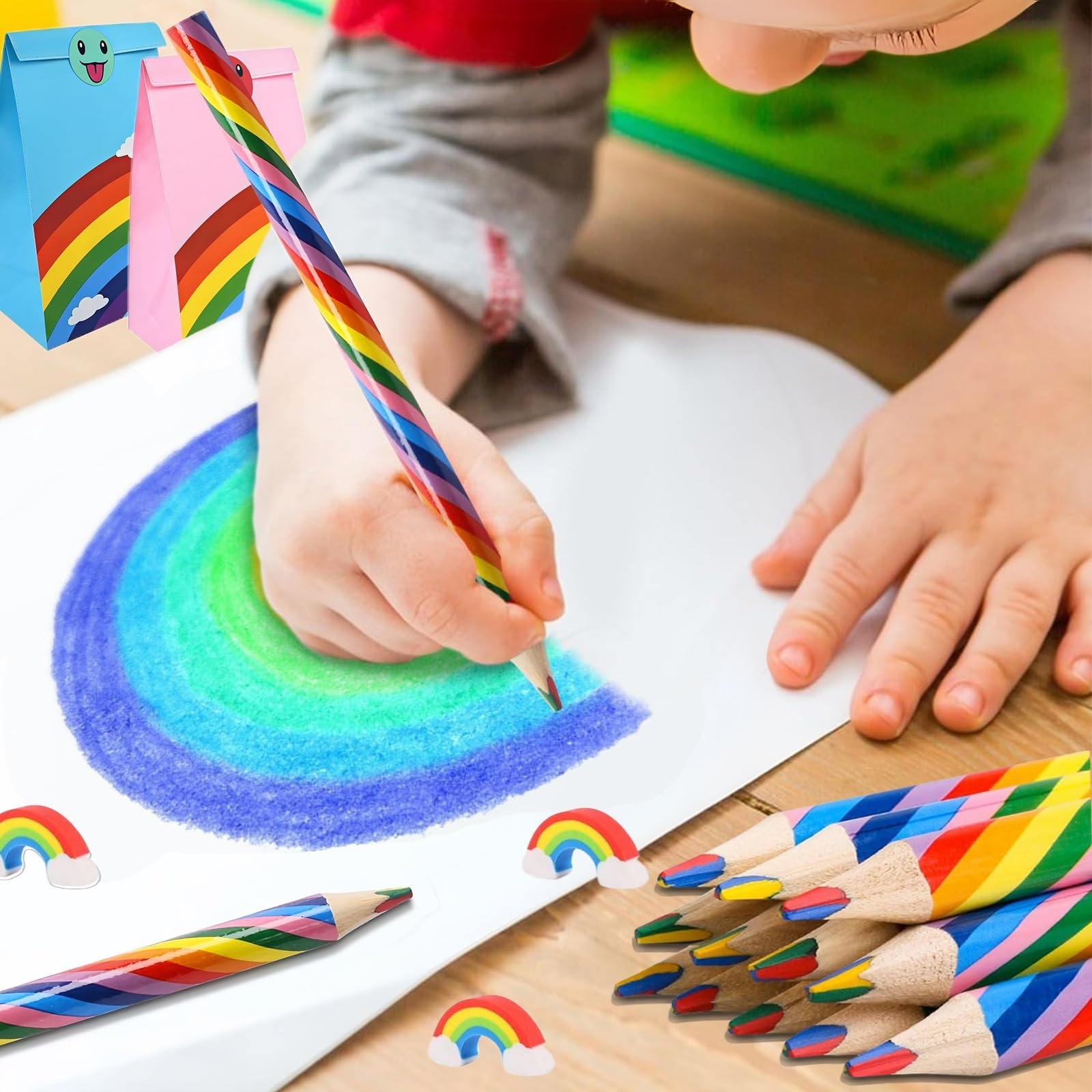Eymobad Set da 36 regalini Arcobaleno, 12 matite, 12 sacchetti regalo, 12 gomme, 4 in 1 matite colorate per bambini, adulti, scuola, fai da te