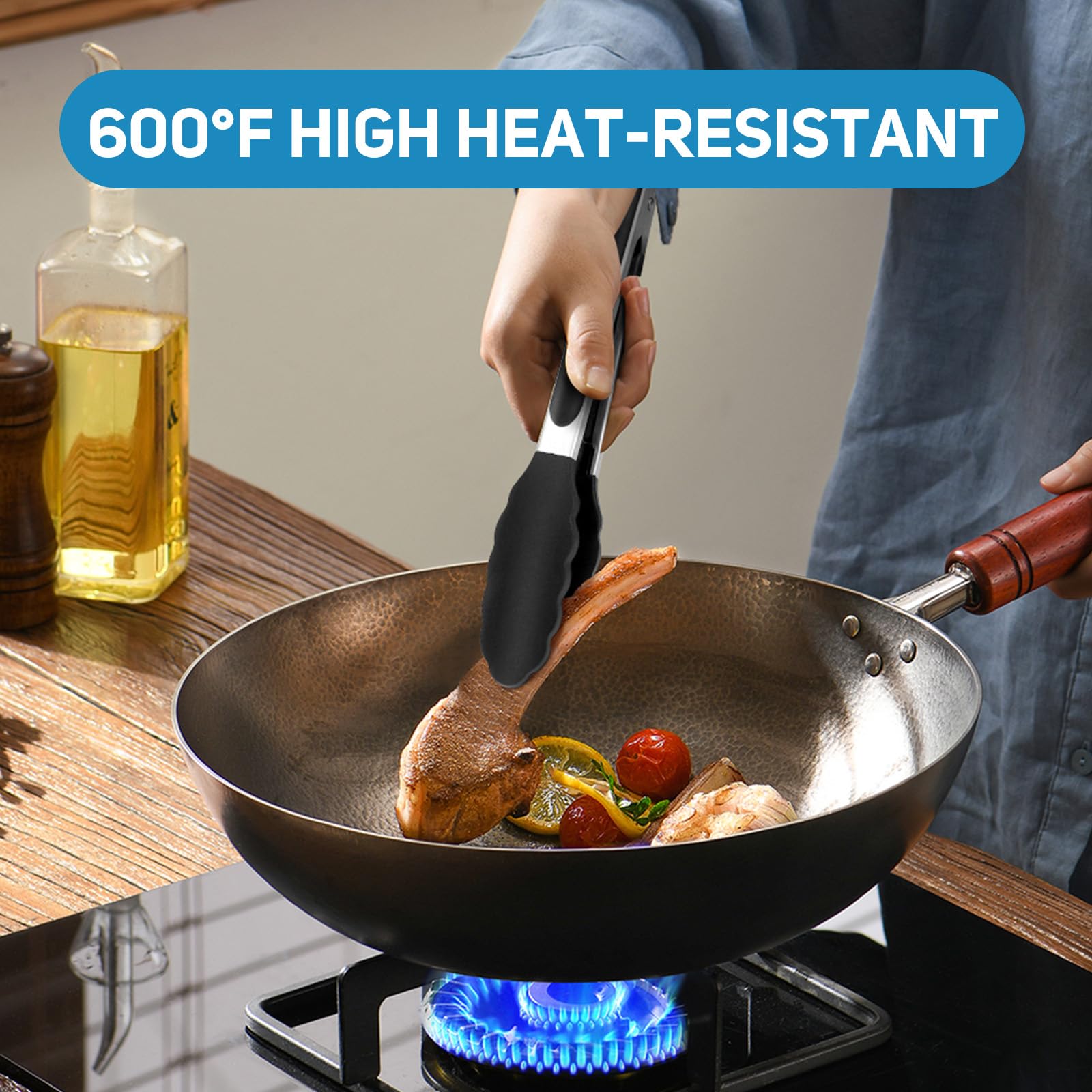Pinzas de cocina, pinzas de silicona de acero inoxidable para cocinar 600ºF de alta resistencia al calor, pinzas de bloqueo, juego de 2-9 pulgadas y 12 pulgadas, color negro