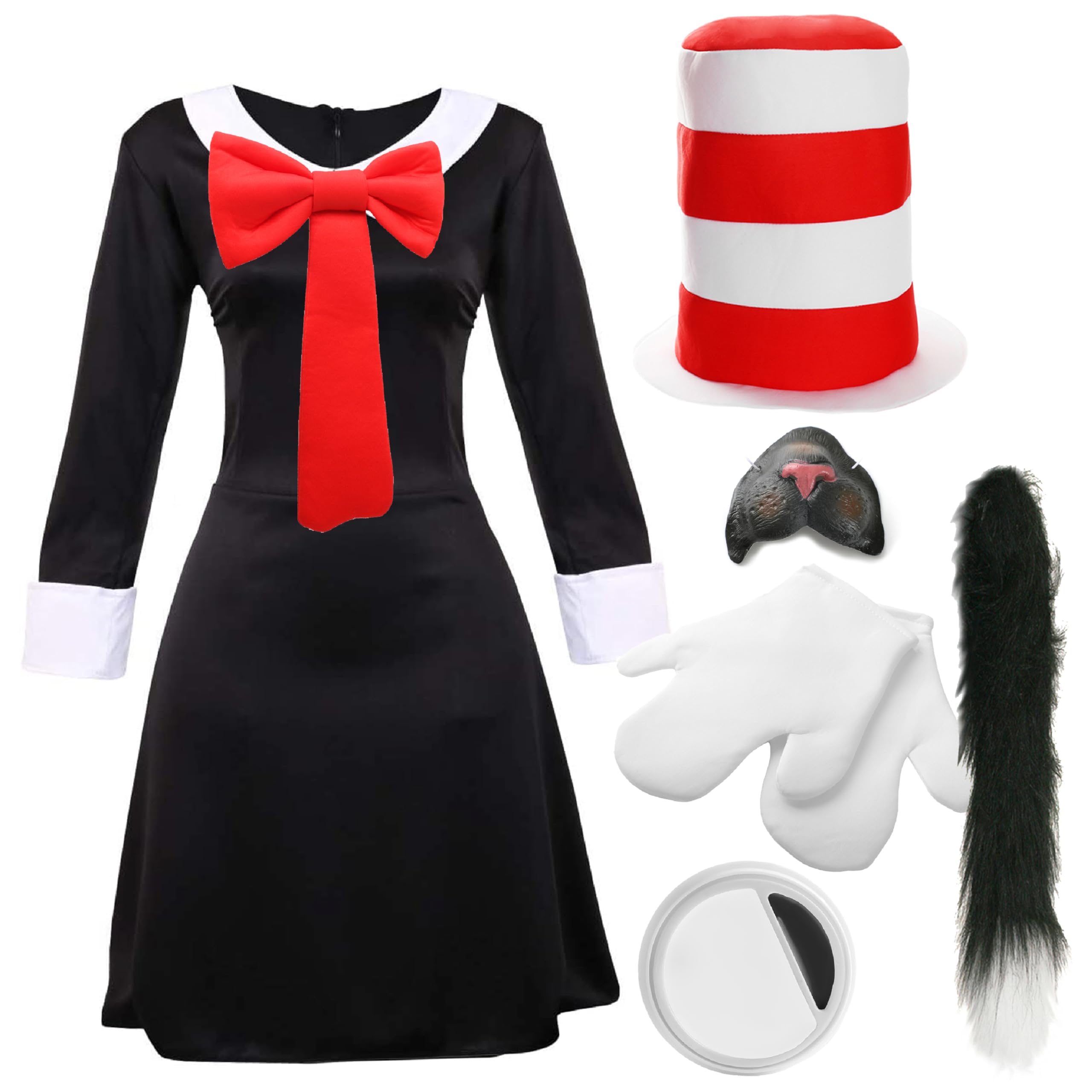 Ladies Crazy Cat Costume - Small - Black Dress, Red Bowtie, Red and White Striped Hat, White Gloves, Cat Tail, Cat Nose, Facepaint - Childs World Book Day Book Week Fancy Dress, Red Bowtie Costume