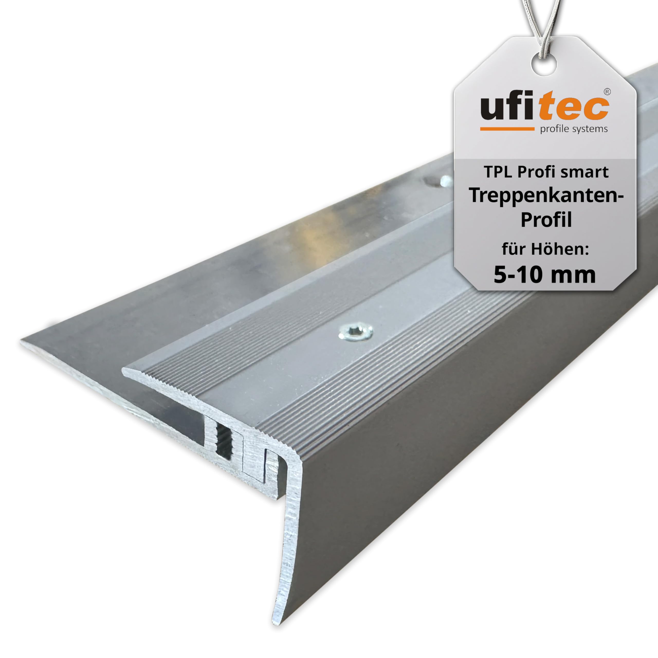 ufitec® Profi Smart Profilsystem für Vinylböden - geeignet für Belagshöhen von 5-9 mm - ALU eloxiert (Treppenkantenprofil | Länge: 270 cm, Silber)