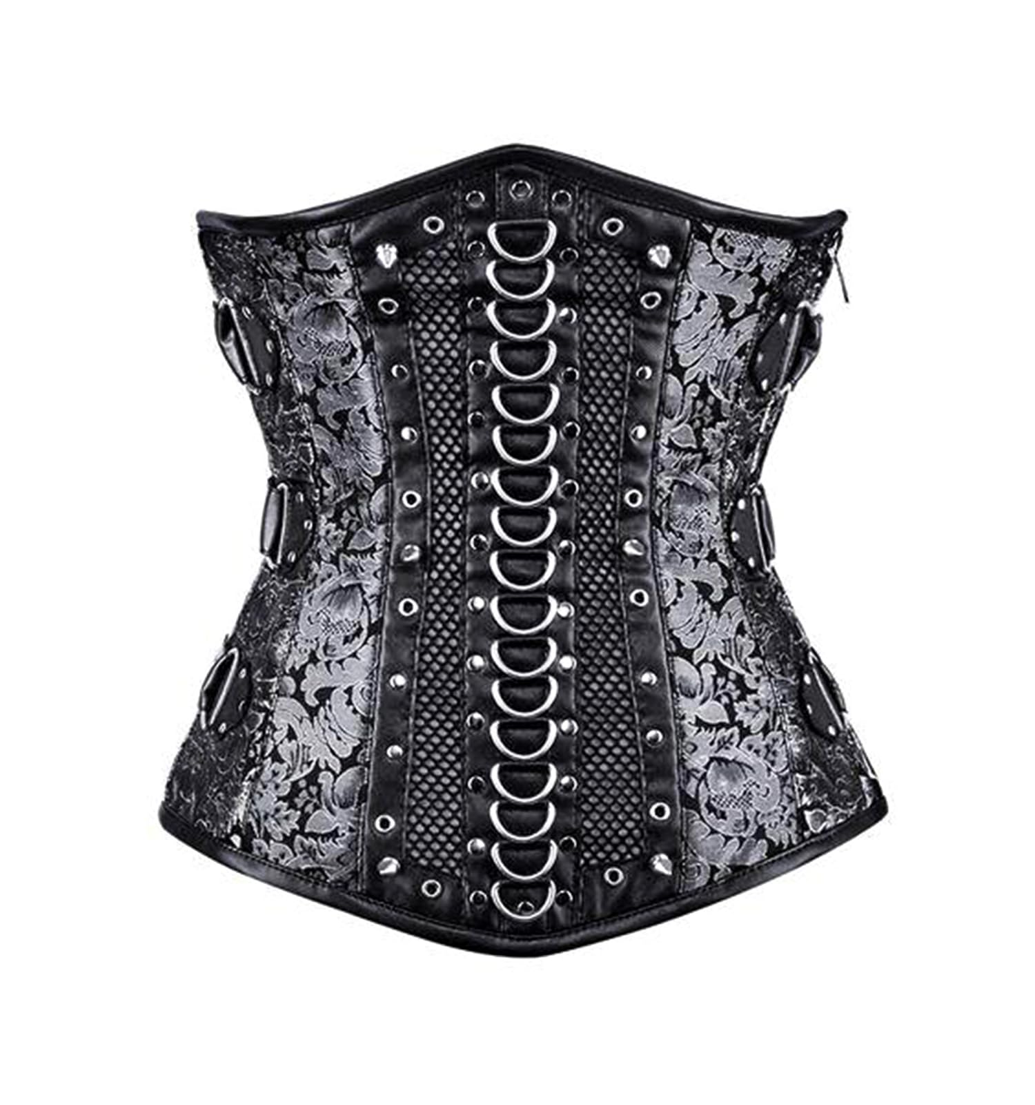 CorsetStreet Womens Black and Silver Brocade Leather Steampunk Underbust Costume Corset