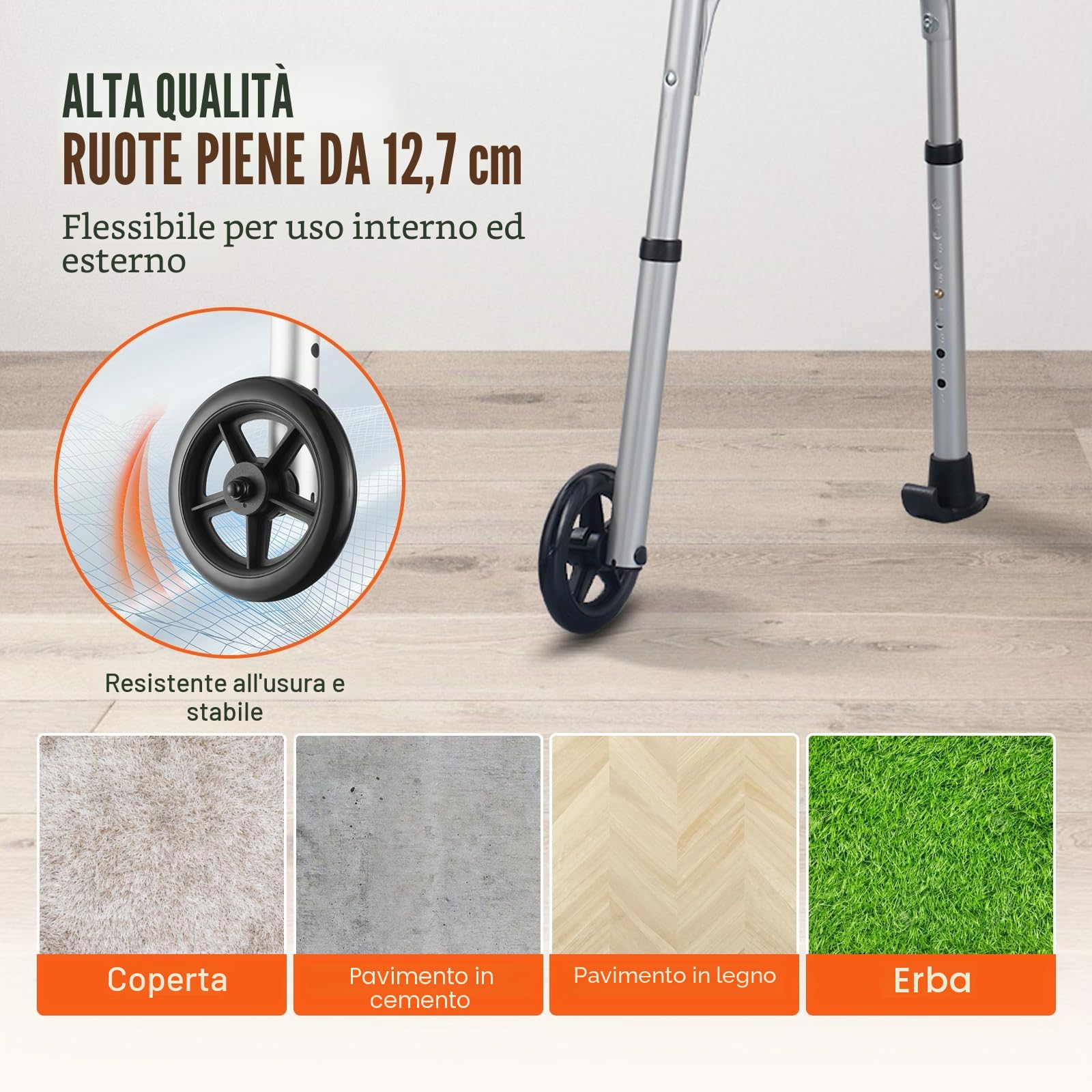 VEVOR Deambulatore Pieghevole 2 in 1 Ausilio per Mobilità con Ruote Anteriori, Braccioli Rimovibili, Altezza Regolabile con Ruote Solide da 127 mm Alluminio Leggero, per Anziani Disabili, 204,11 kg