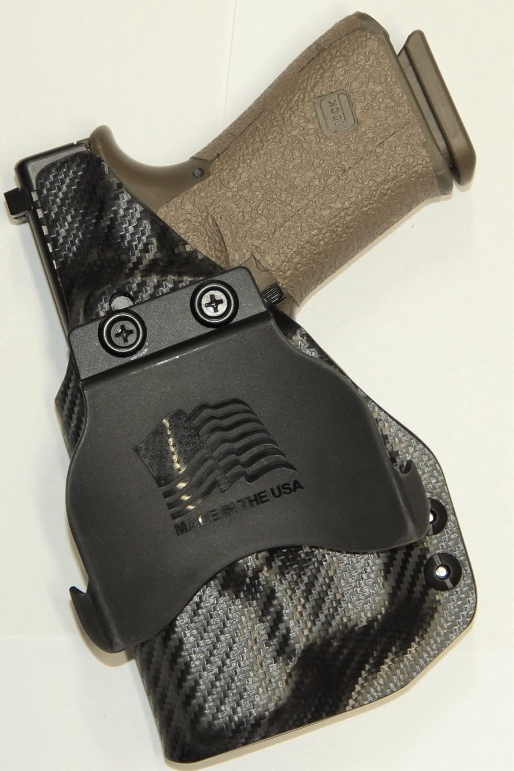 REVKEL Custom Kydex Molded OWB Paddle Holster for Glock 19/19X/23/25/32/44/45 w/Olight Baldr Mini. Black Left Hand Draw. Hand Crafted in Texas, USA.