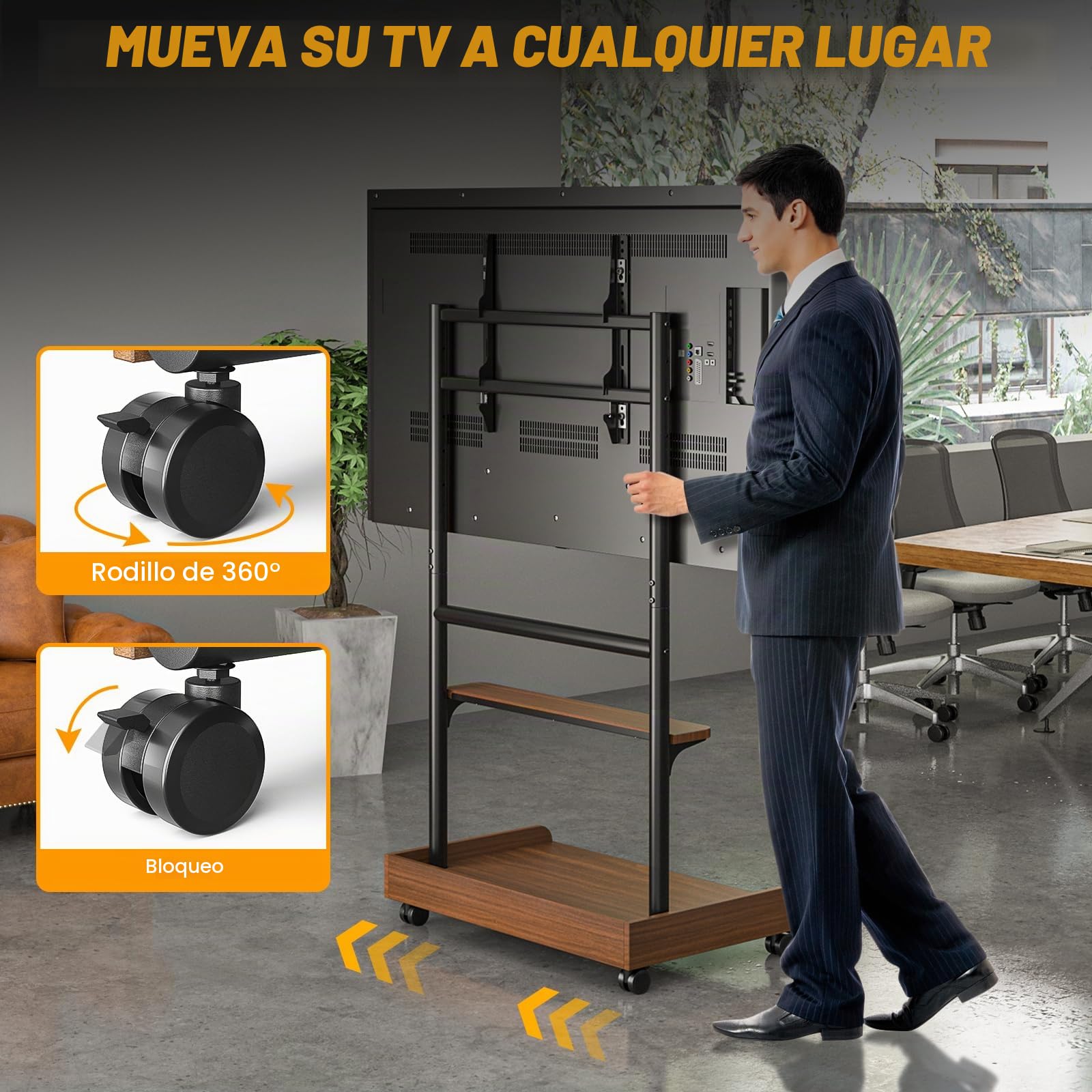 TVON Soporte de TV con Ruedas para 40-86 Pulgadas hasta 68 KG Nogal | Soporte TV Suelo base madera, Soporte TV Pie Altura Ajustable, Amplio almacenamiento, montaje fácil, máx. VESA 600 x 400 mm
