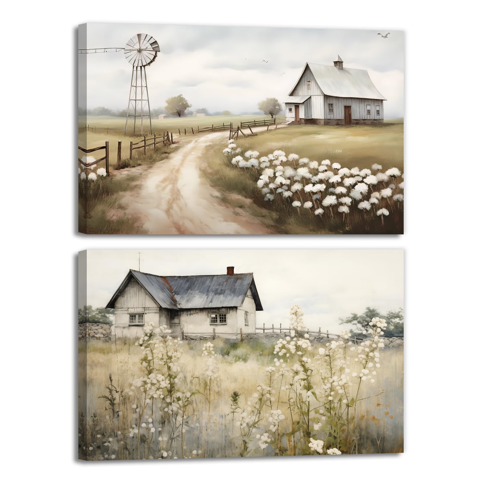 Barn Wall Art 2 Piece Rustic Farmhouse Picture Print On Canvas Beautiful Field Wildflower Windmill Painting Framed For Bathroom Bedroom Living Room