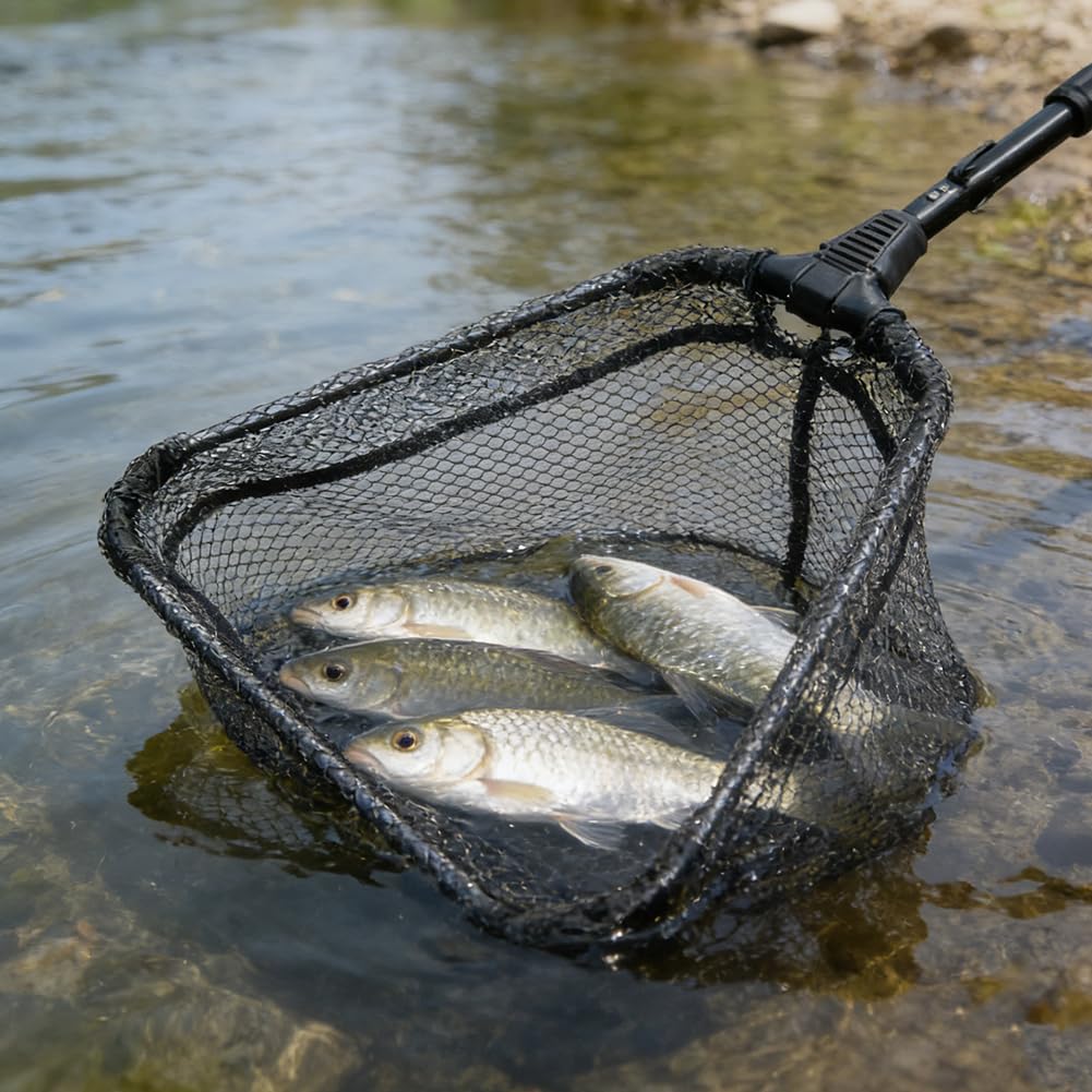 Épuisette de pêche pliable 90 cm - Cadre triangulaire stable - En caoutchouc - Pour étang, ruisseaux, lacs et pêche en bateau