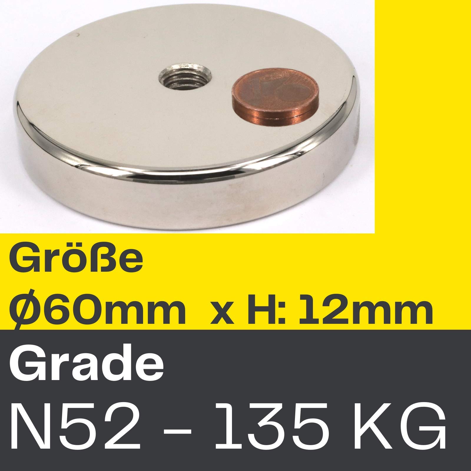Magnes neodymowy z otworem gwintowanym – bardzo silne magnesy garnkowe D 67 mm – siła ciągnąca 135 kg – płaski chwytak okrągły z otworem gwintowanym M10, gwint wewnętrzny [2 sztuki]