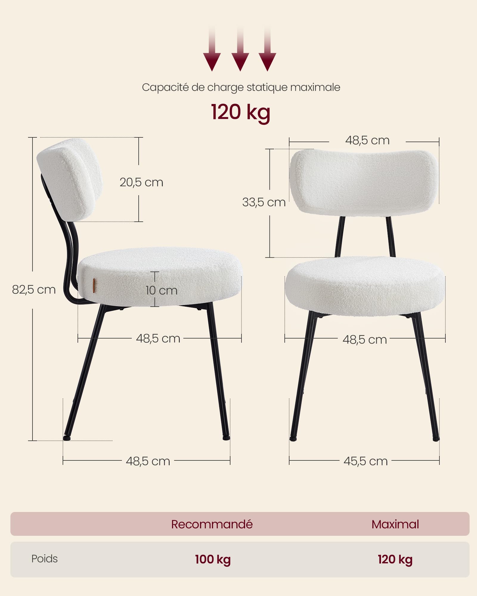 VASAGLE Chaises Salle à Manger, Lot de 6, Tissu Peluche, Dossier Courbé, Chaises de Cuisine, Rembourrées, Cader en Acier, Modernes, Salon, Coiffeuse, Blanc Crème KDC110W16