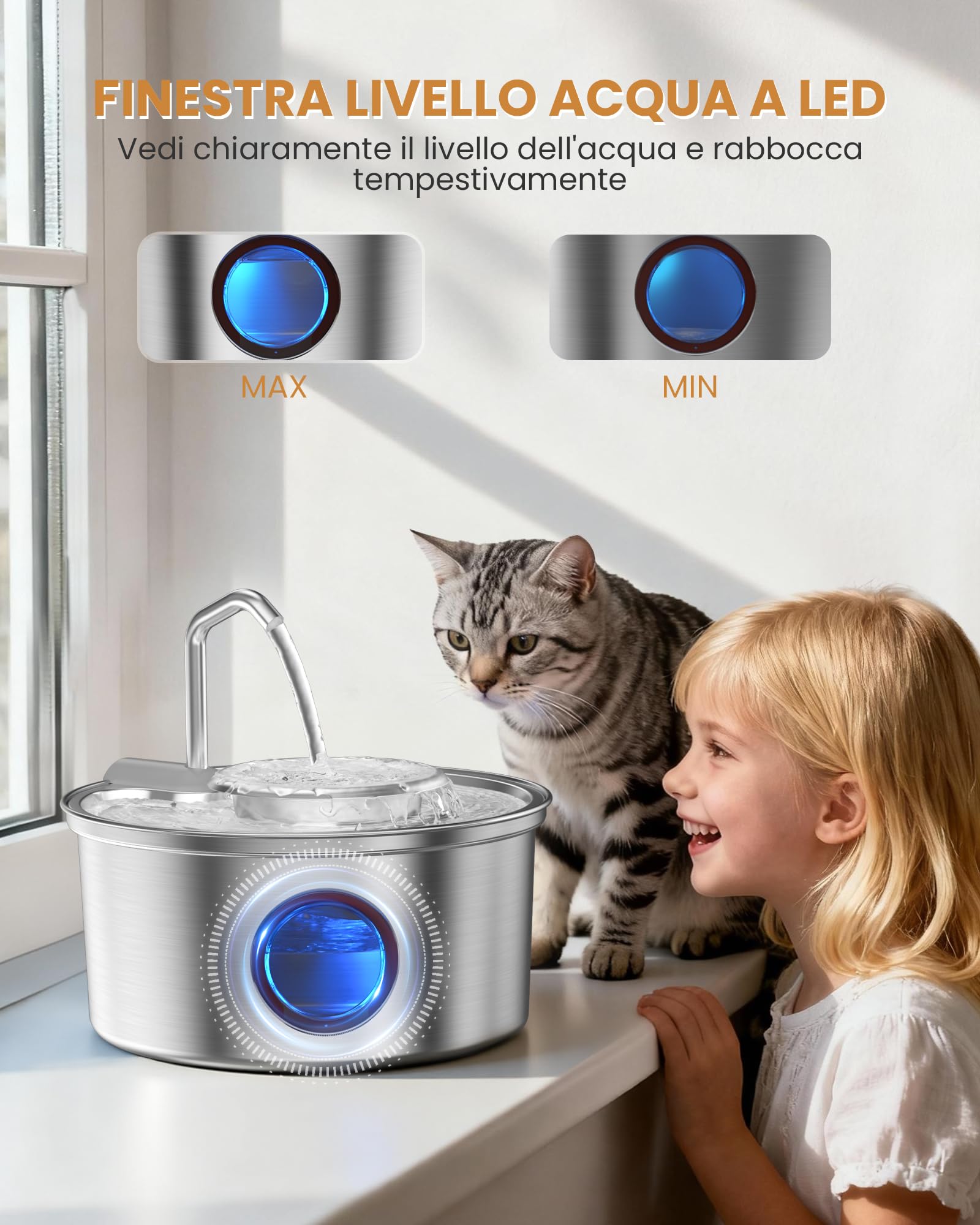 Kittyspout Fontana per Gatti, 3,2 L Fontanella per Gatti Acciaio Inox SUS 304, Finestra Trasparente, Fontanella Gatto 2 In 1 con Ciotola Rimovibile, Incluso 3 Filtri Ai Carboni Attivi