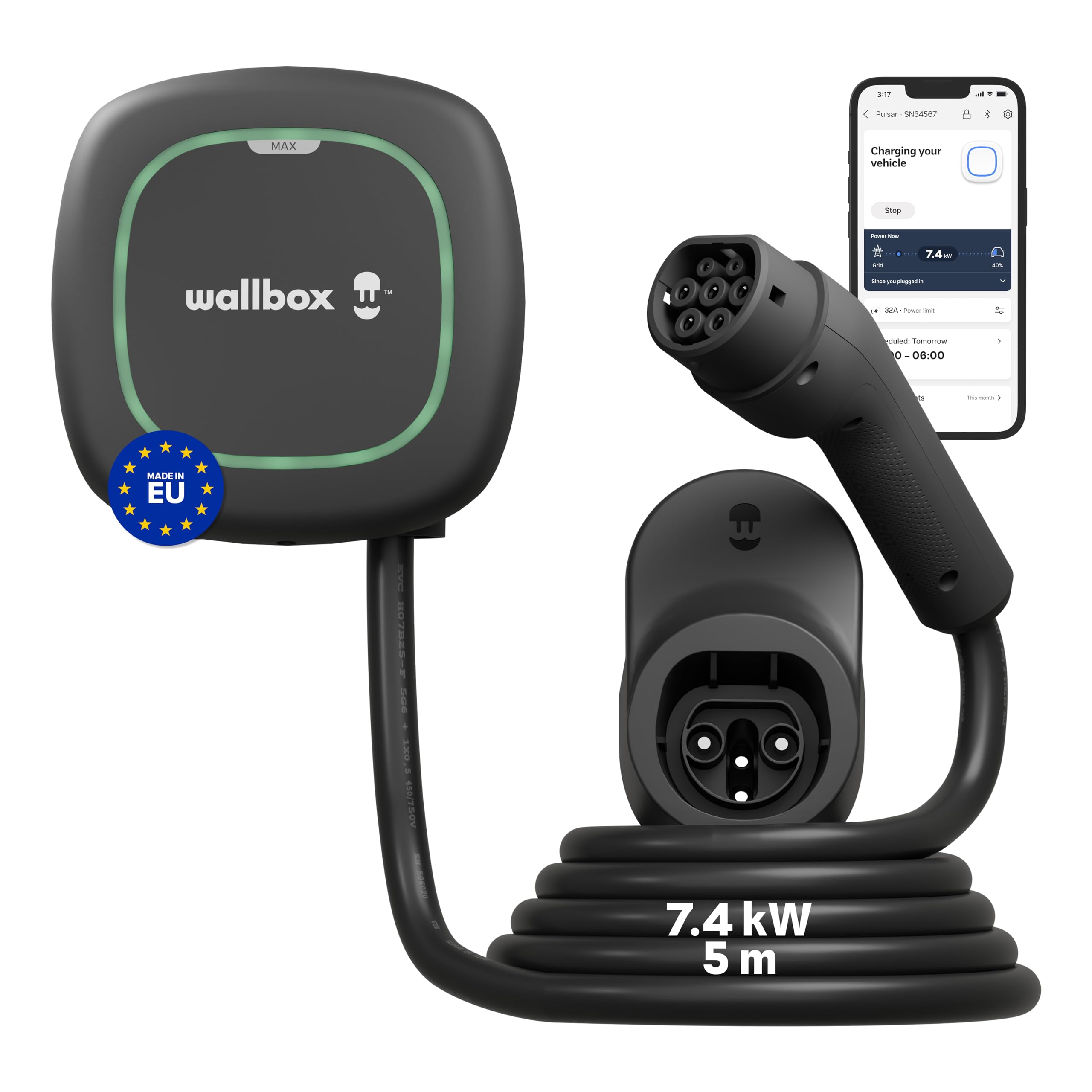 Wallbox Pulsar MAX, Cargador para Vehículo Eléctrico (7.4kW, Type 2, Wi-​Fi, Bluetooth, OCPP, Interior/​Exterior, 5m, Facíl de Instalar), Negro