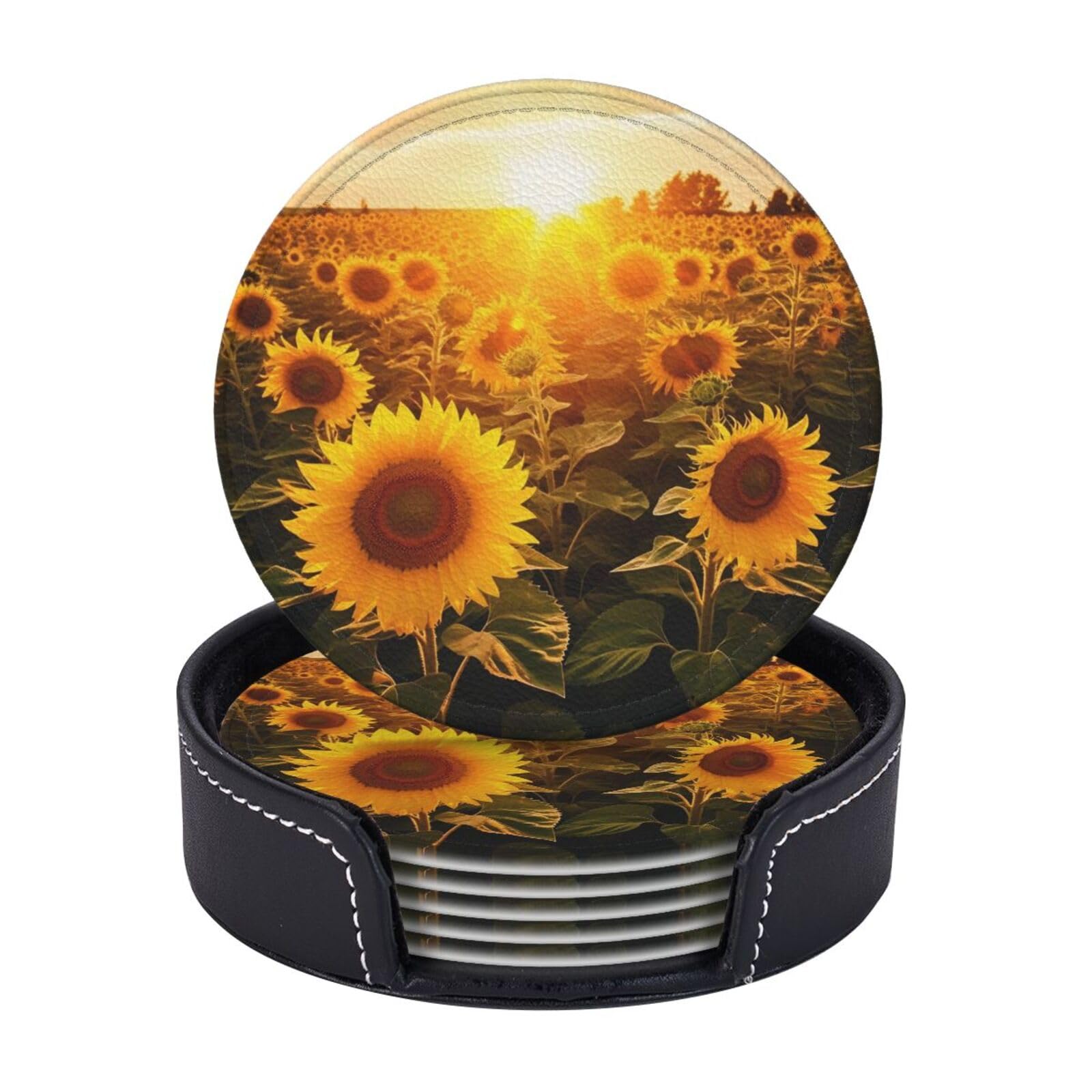 6Pcs PU Leather Coaster for Drinks, Sunshine Sunflower Field Cup Coasters with Holder, Aesthetic Drink Coasters for Coffee Table, Round Coaster for Tabletop Protection 4" Cup Mat Pad