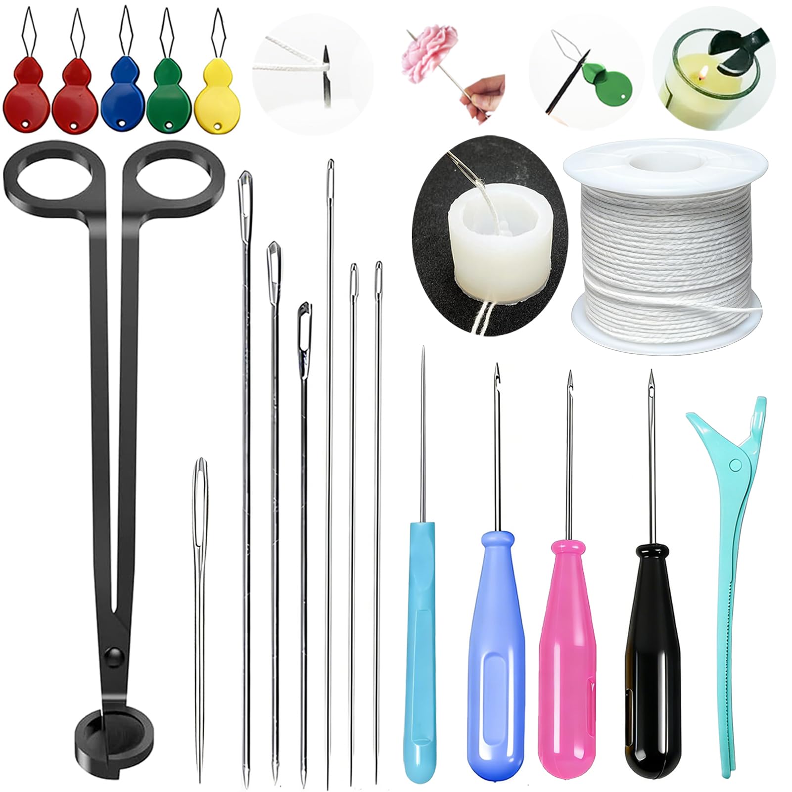 TYMKLMZG Candlewick Needle Kit with Candle Wick Trimmer 7",Mold Hook Punch Needle with Hook &amp; Eye for Inserting Wick,Big Hole Long Needle,Candle Wick Roll 200 Ft 24 Wick Spool,Threader,Wick Holders