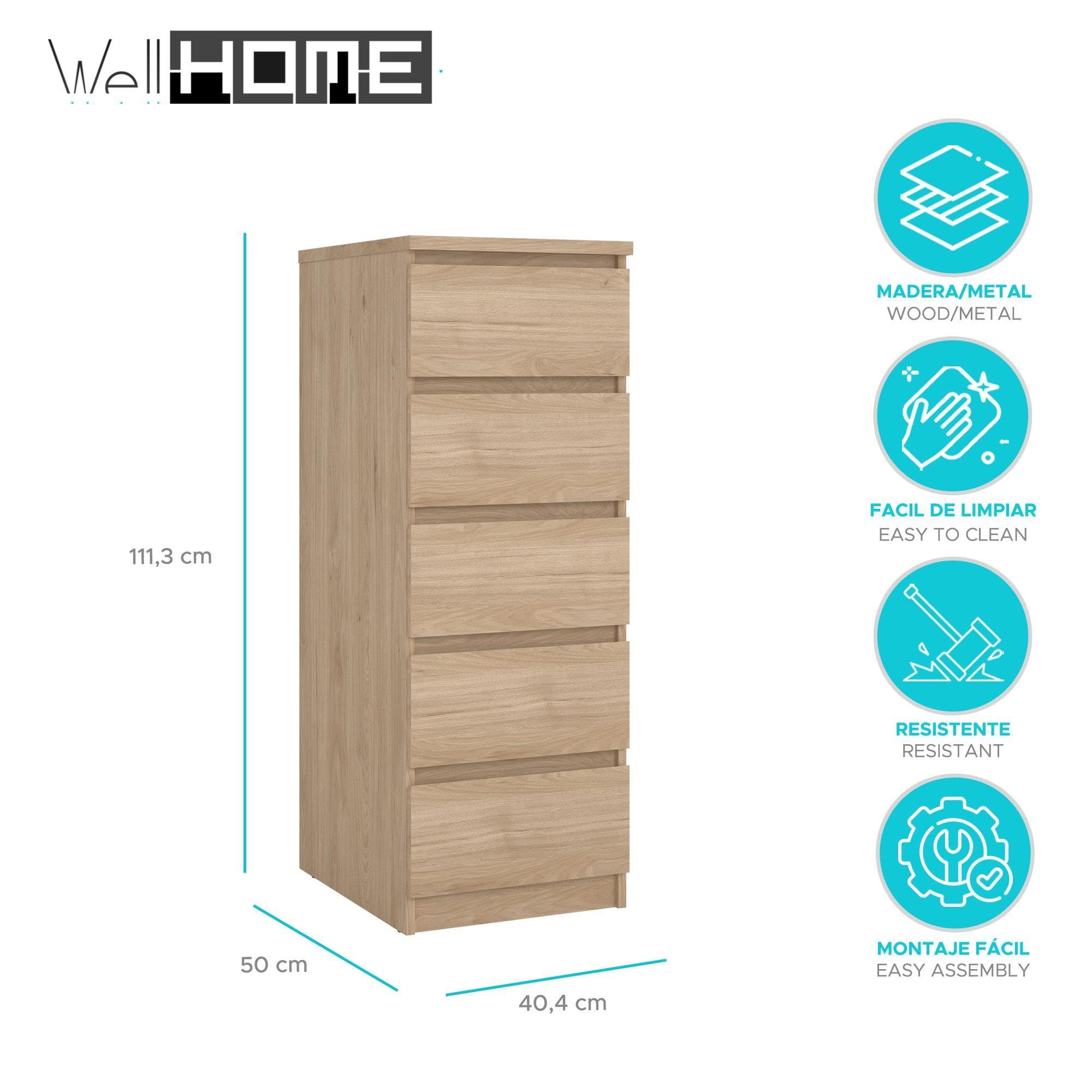 Cómoda, Cajonera Dormitorio SIL Oak con 5 Cajones, Color Jackson Hickory, 41 x 50 x 112 cm