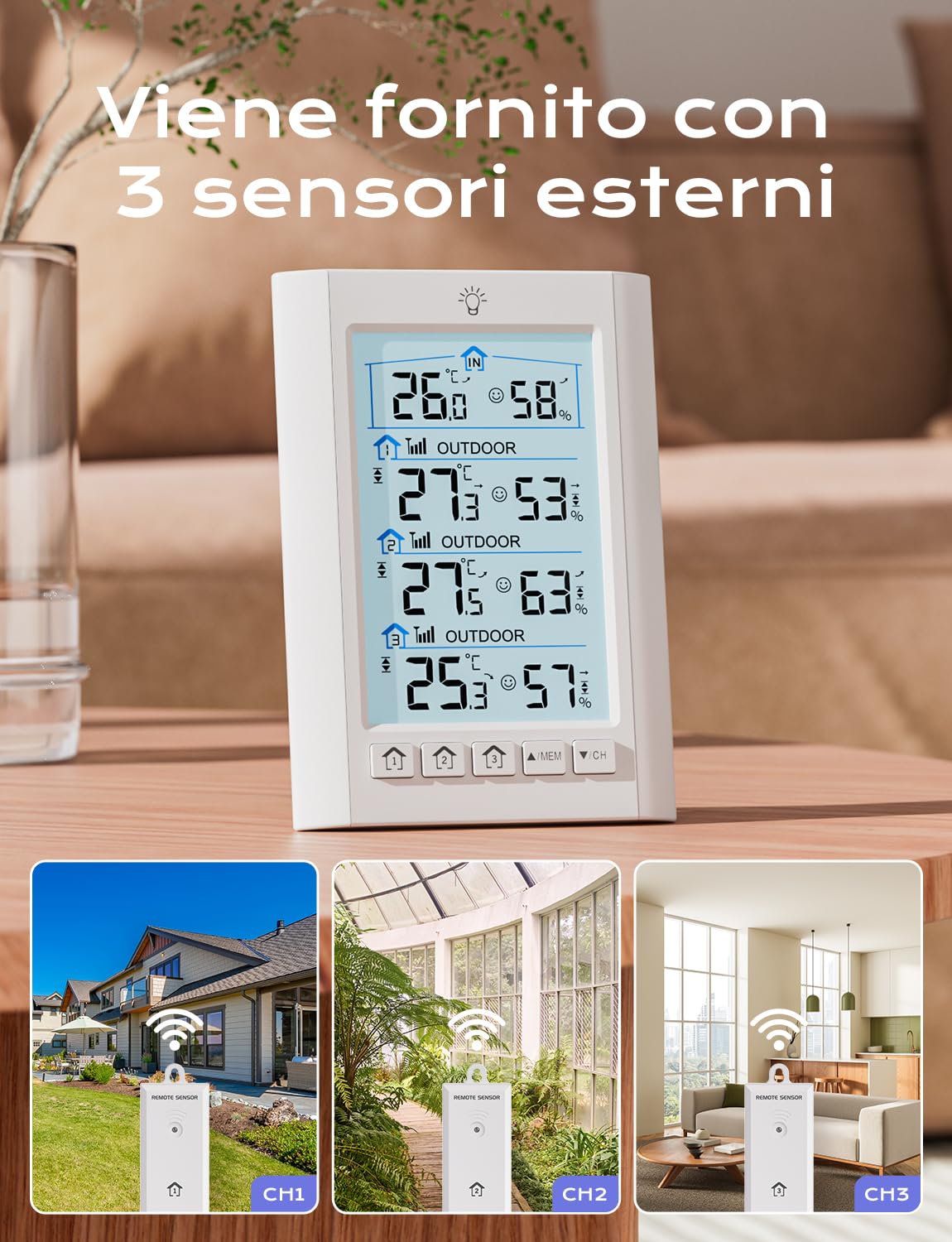 LIORQUE Stazione Meteo con Sensore Esterno, Stazione meteorologica con 3 Sensore Esterno,LCD, Retroilluminazione, Portata di Trasmissione Wireless 100 m, Adatto per Terrazze, Giardini, Cantine