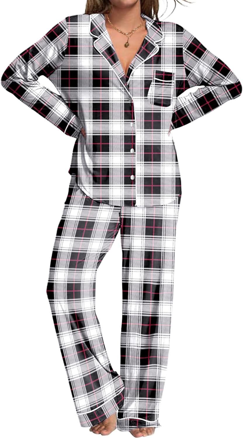 Ekouaer Womens Pajamas Set 2 Piece Button Down Pjs Soft Long Sleeve Top and Pants Sleepwear Set Lounge Sets