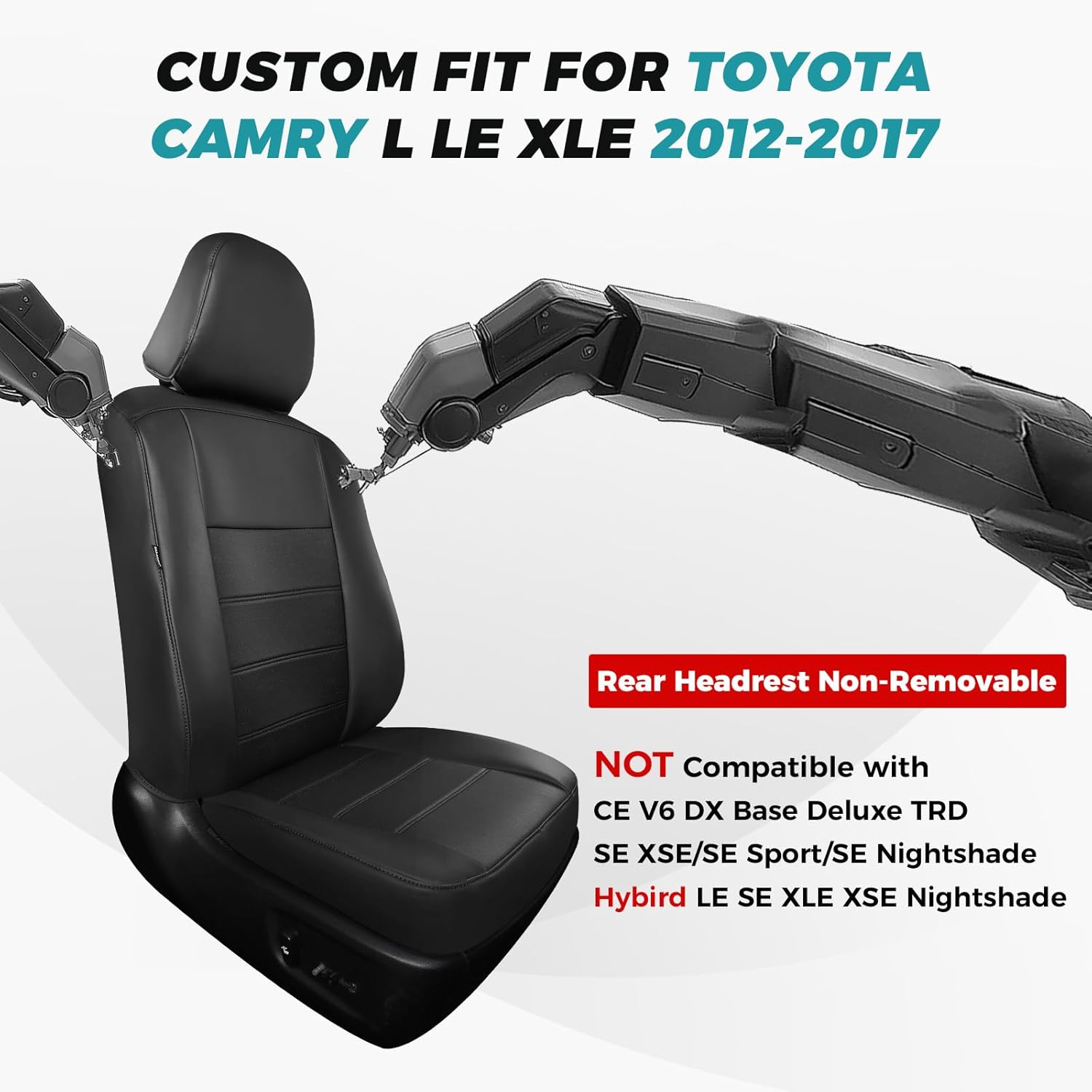 High-End Custom Seat Covers for Toyota Camry 2012-2017 L/LE/XLE - Durable Breathable Faux Leather Full Set Seat Protectors