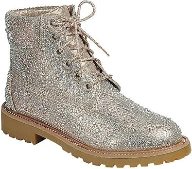 Womens Rhinestone Lace Up Combat Ankle Boots