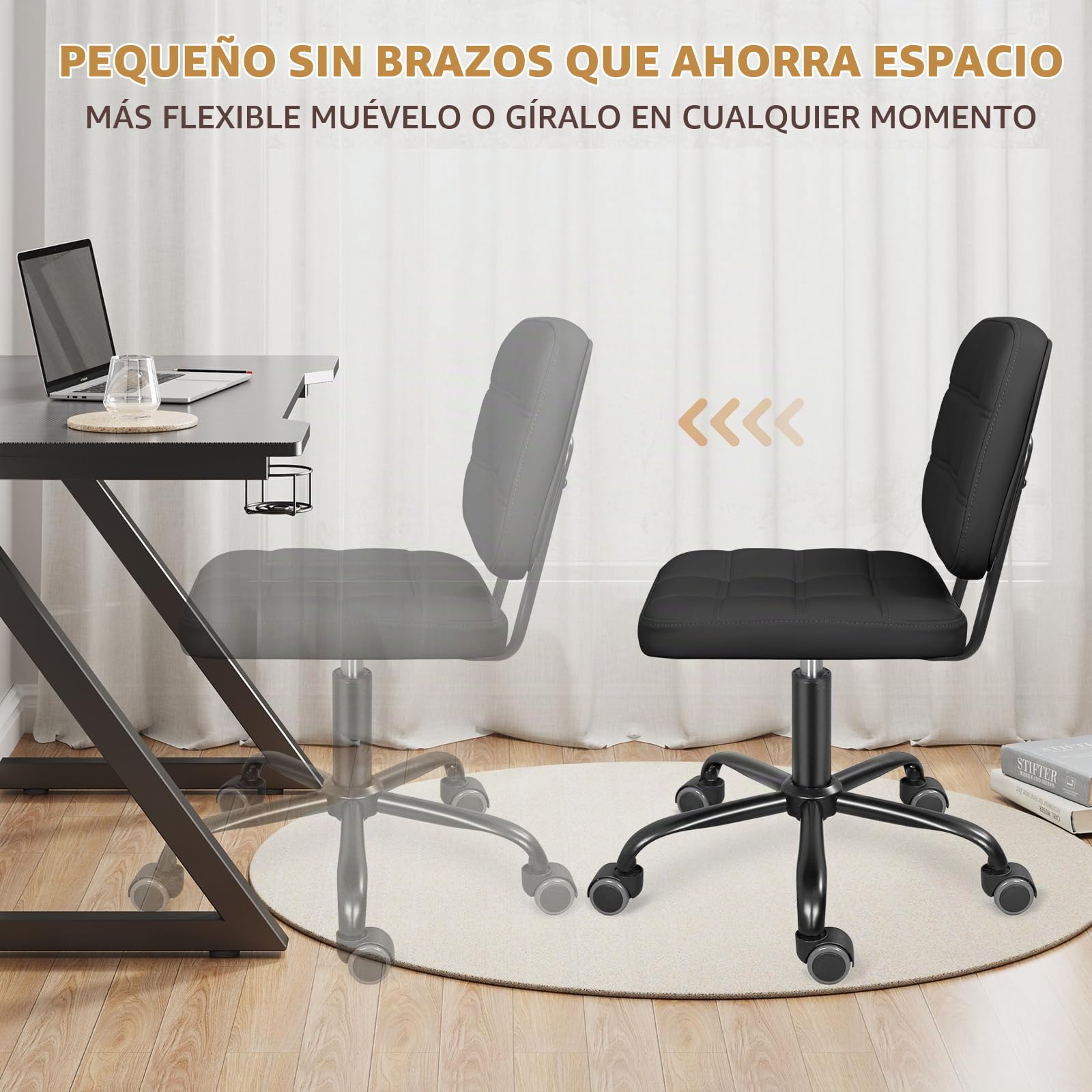 Silla de Oficina Sin Brazos con Ruedas, Giratoria y Ajustable | Silla compacta sin brazos, con altura ajustable, ruedas 360° y cuero sintético para oficina, escritorio o tocador