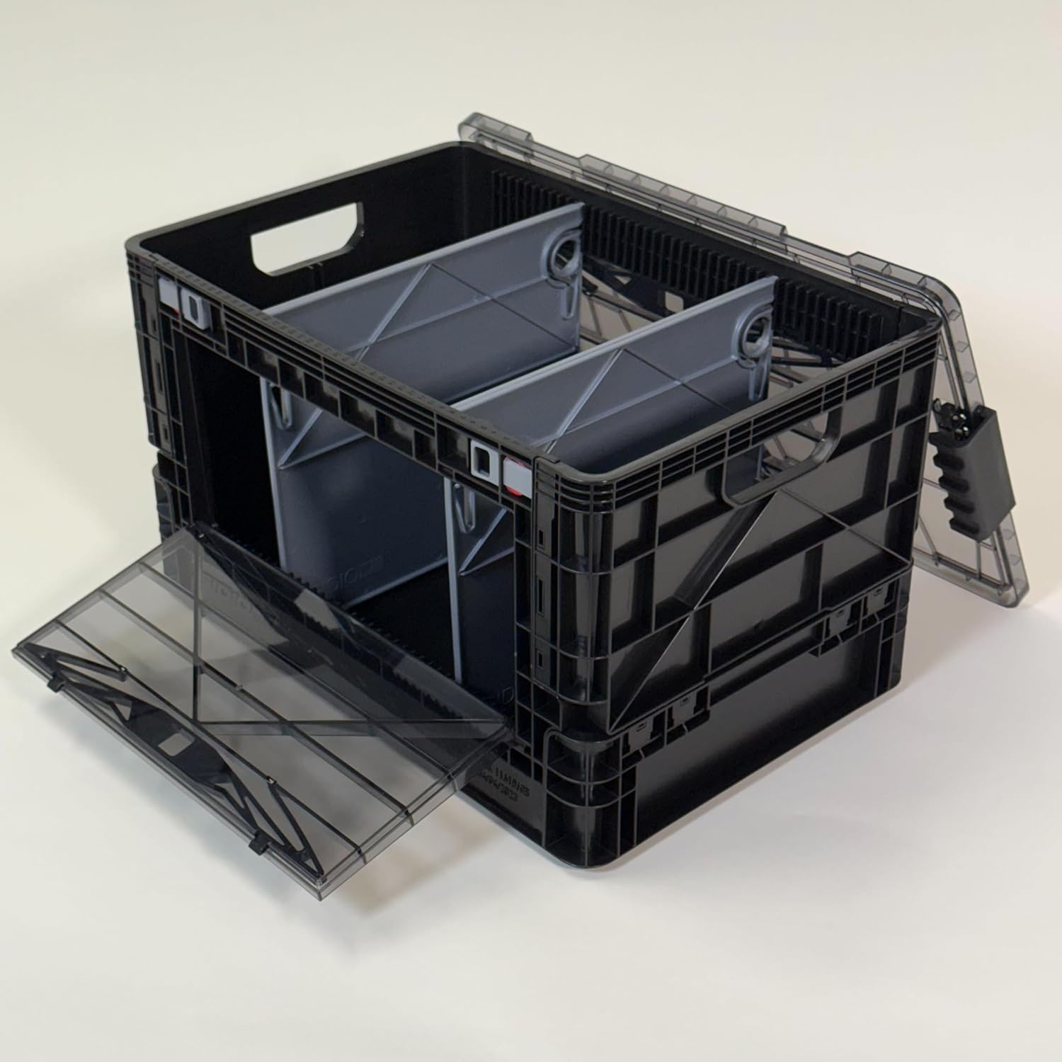 SIDIO Full-Size Collapsible Crate - Heavy Duty Stackable Storage Bin with Lid & 2 Short-Ways Dividers, Durable Plastic Organizer for Home, Office, Garage & Outdoor Use (Smoke)