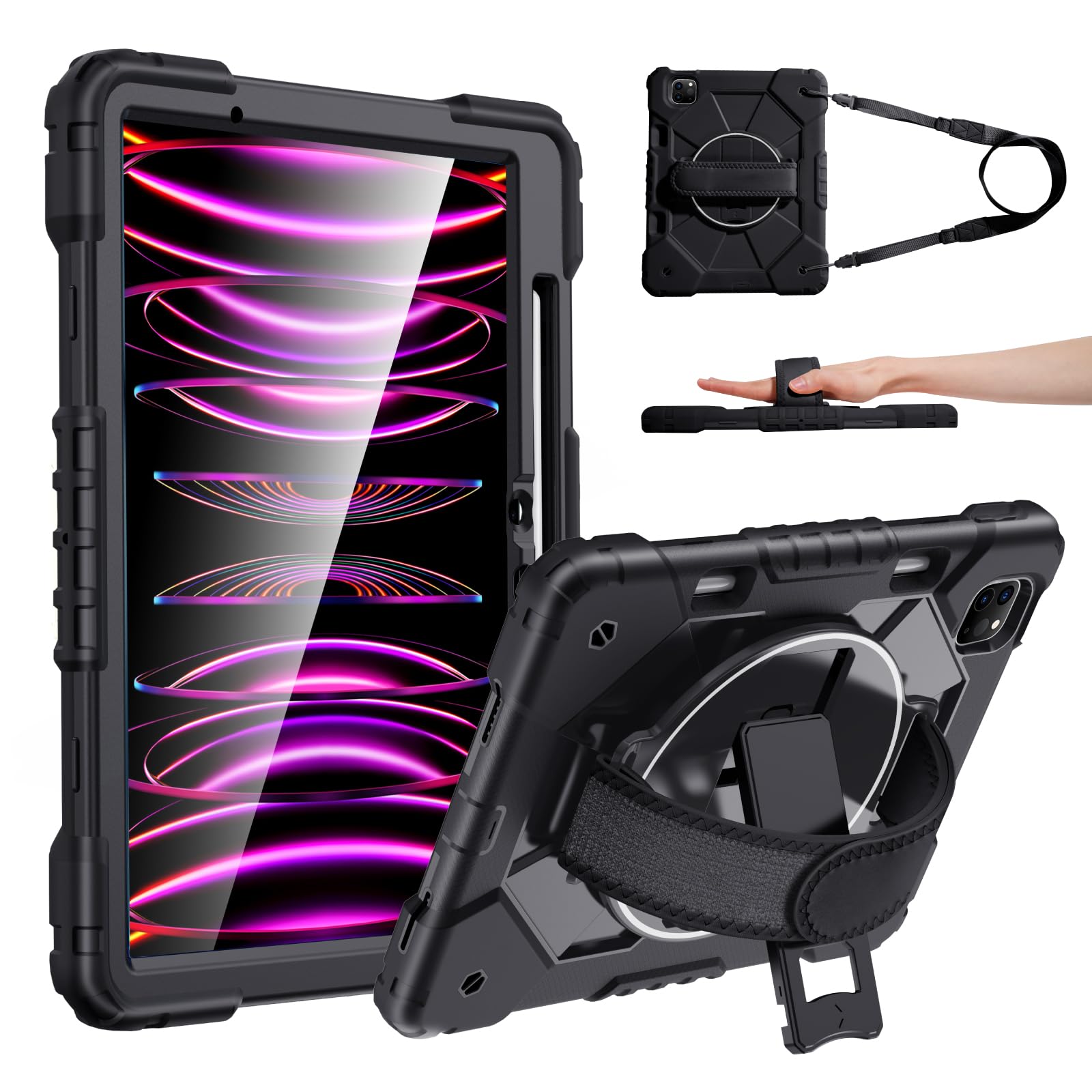 MAGIC JOHN iPad Pro(第1/2/3/4世代)/ iPad Air(第5/4世代) 用 ケース 重型 三層保護 頑丈 耐衝撃 耐久性 傷防止 肩紐付き 360°回転可能なスタンド ブラック