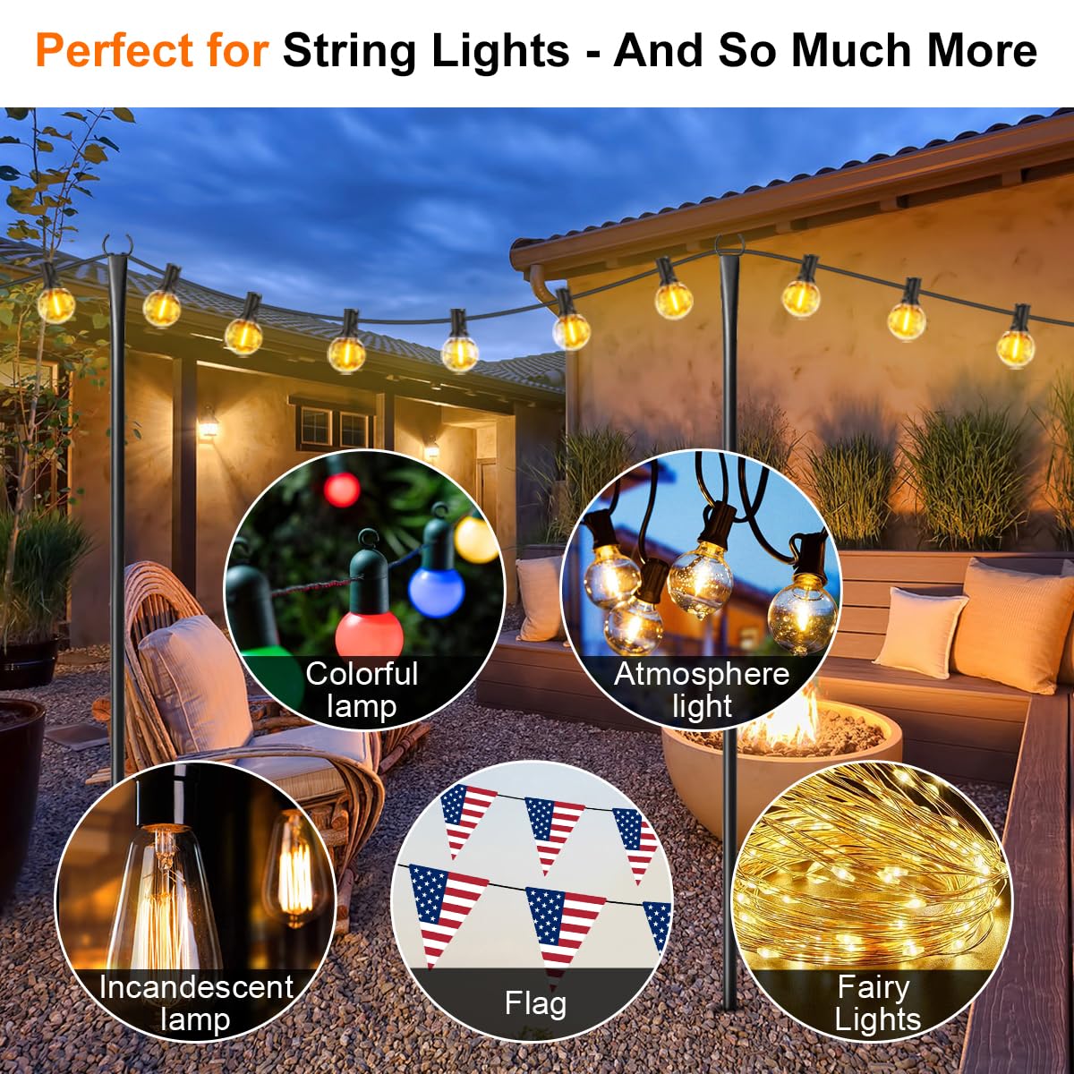 Lichterkette für den Außenbereich, 3 m, robuste Metall-Lichtstangen für Außenlichterkette mit Gabel, verstellbarer Beleuchtungsständer für Terrasse, Garten, Terrasse, Terrasse, Pergola, Garten