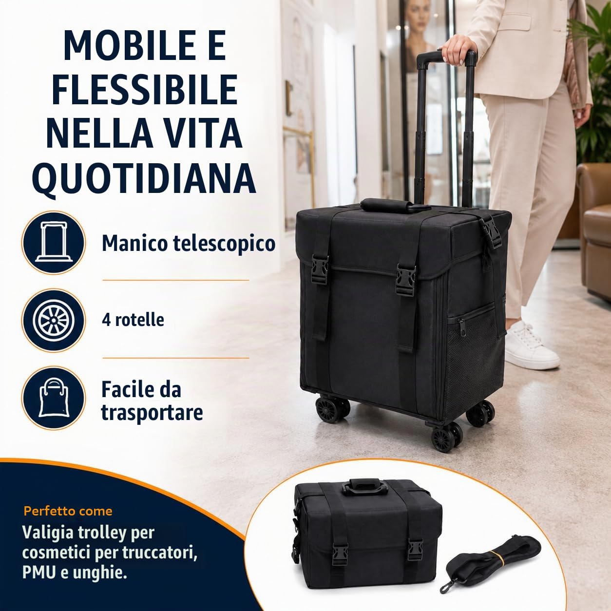 Beauty Case Rigido da Viaggio Professionale con Cassetti – Valigia Trucco per Parrucchieri ed Estetiste, Trolley Cosmetico Portatile con Ruote e Specchio, Nero Moderno