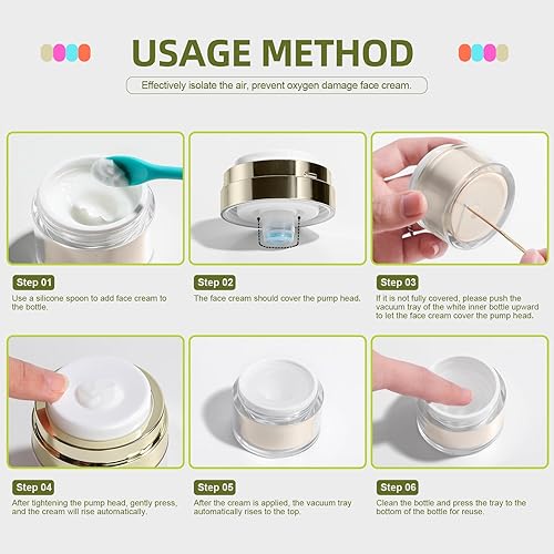 Miniatura 4 de JPNK Botellas de bomba sin aire, recipiente vacío para cosméticos con espátula de silicona, juego para cremas, geles, loción, artículos de tocador