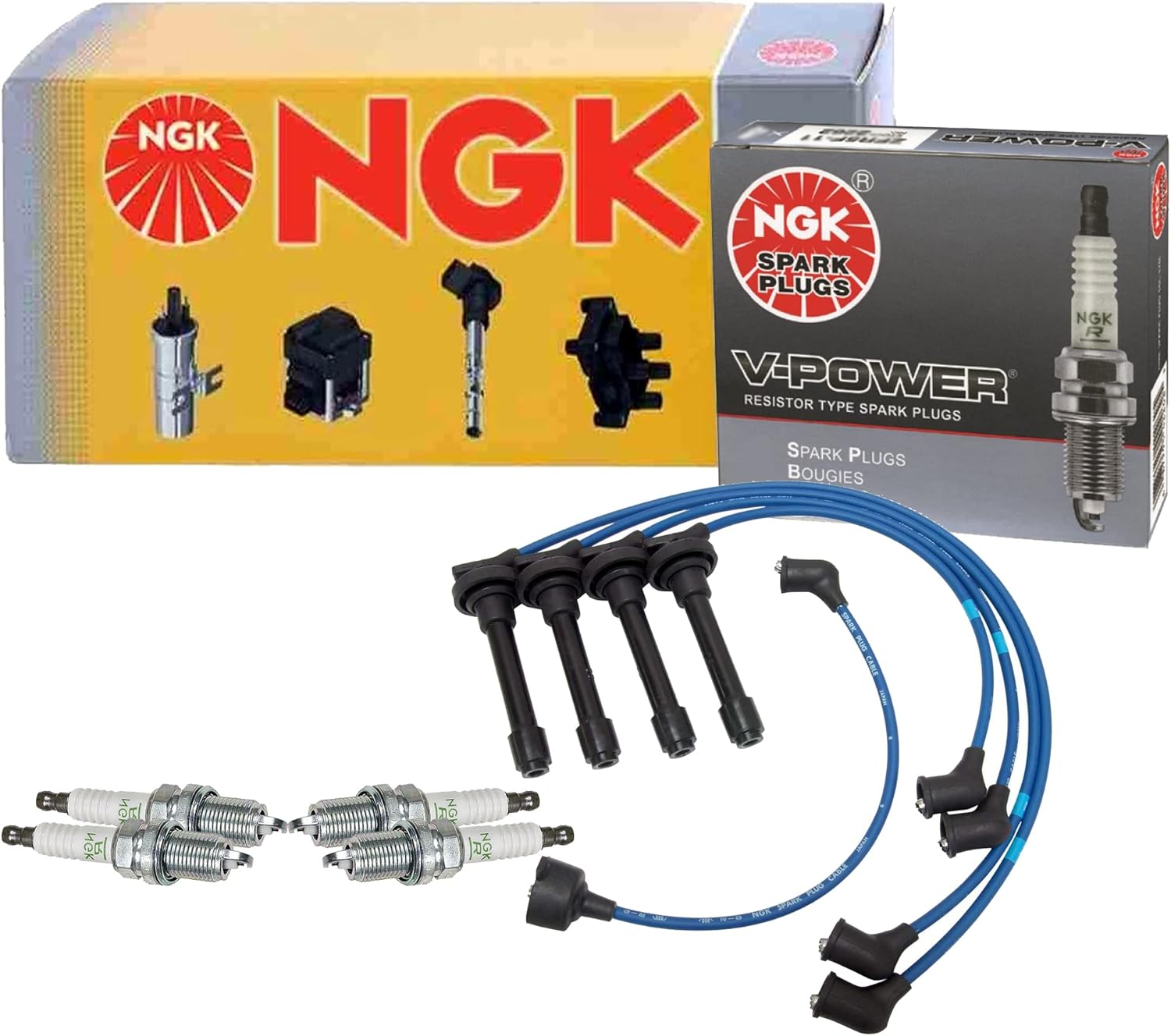 NGK Wire & 4 V-Power Spark Plugs Kit For Honda Prelude 2.3 L4 H23A1 1992-1996