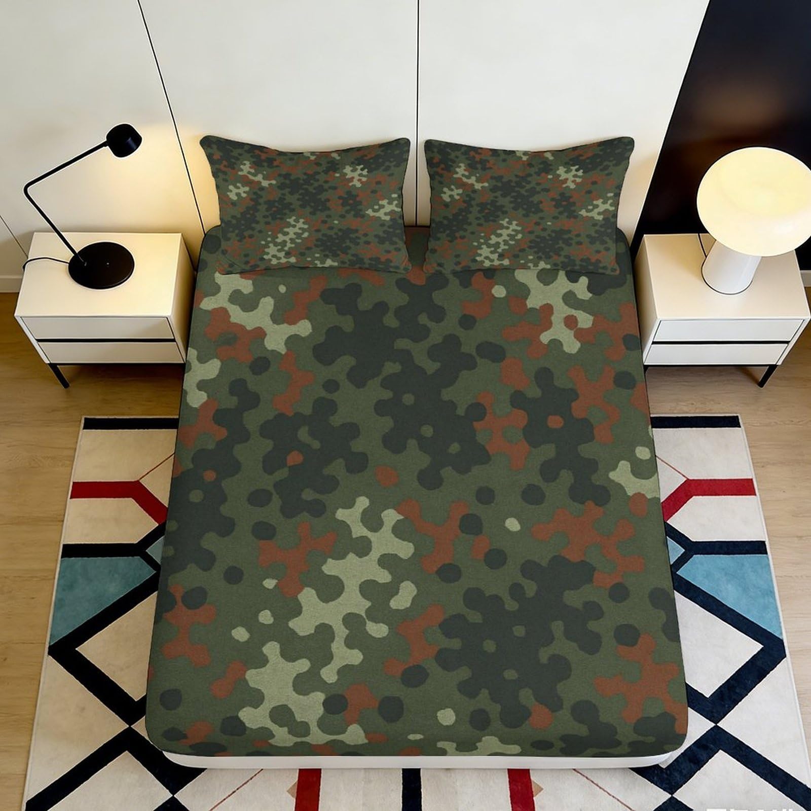 3D Printed Camouflage Fitted Sheet Microfiber Soft Durable Military Style Bed Cover for Bedroom Dormitory Guest Room Mattress Protection 160x200x25cm