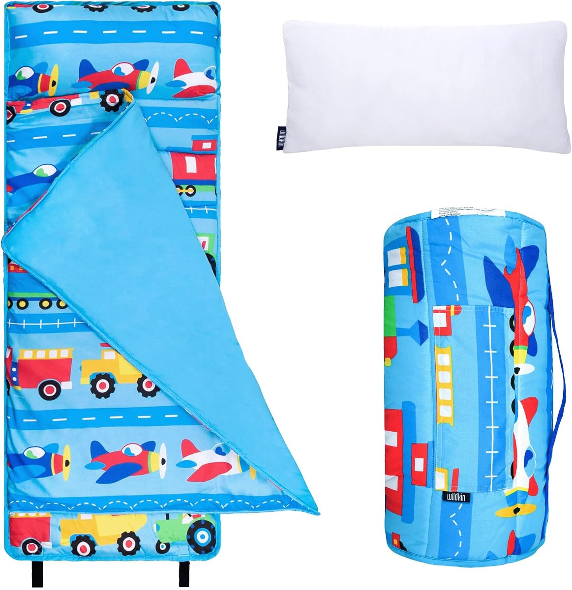 Microfiber Nap Mat for Kids | 50 x 20 in all-in-one microfiber nap mat with attached blanket, removable pillow, roll-up straps and carry handle.