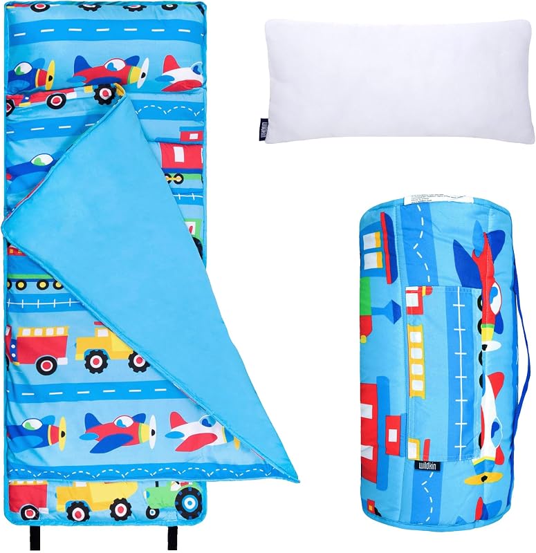 Microfiber Nap Mat for Kids | 50 x 20 in all-in-one microfiber nap mat with attached blanket, removable pillow, roll-up straps and carry handle.