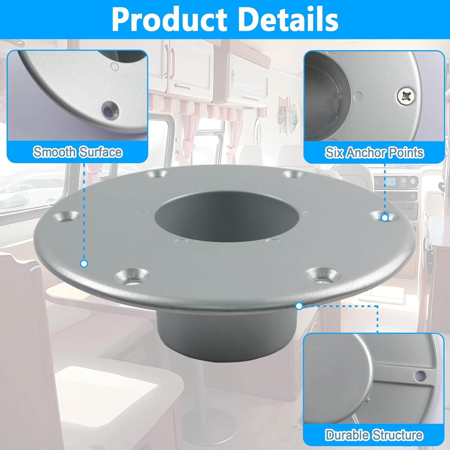 4 Pack Sliver RV Table Base Mount Aluminum Camper Table Base Mount with 6 Mounting Holes Floor Mounting Base Includes Mounting Screws