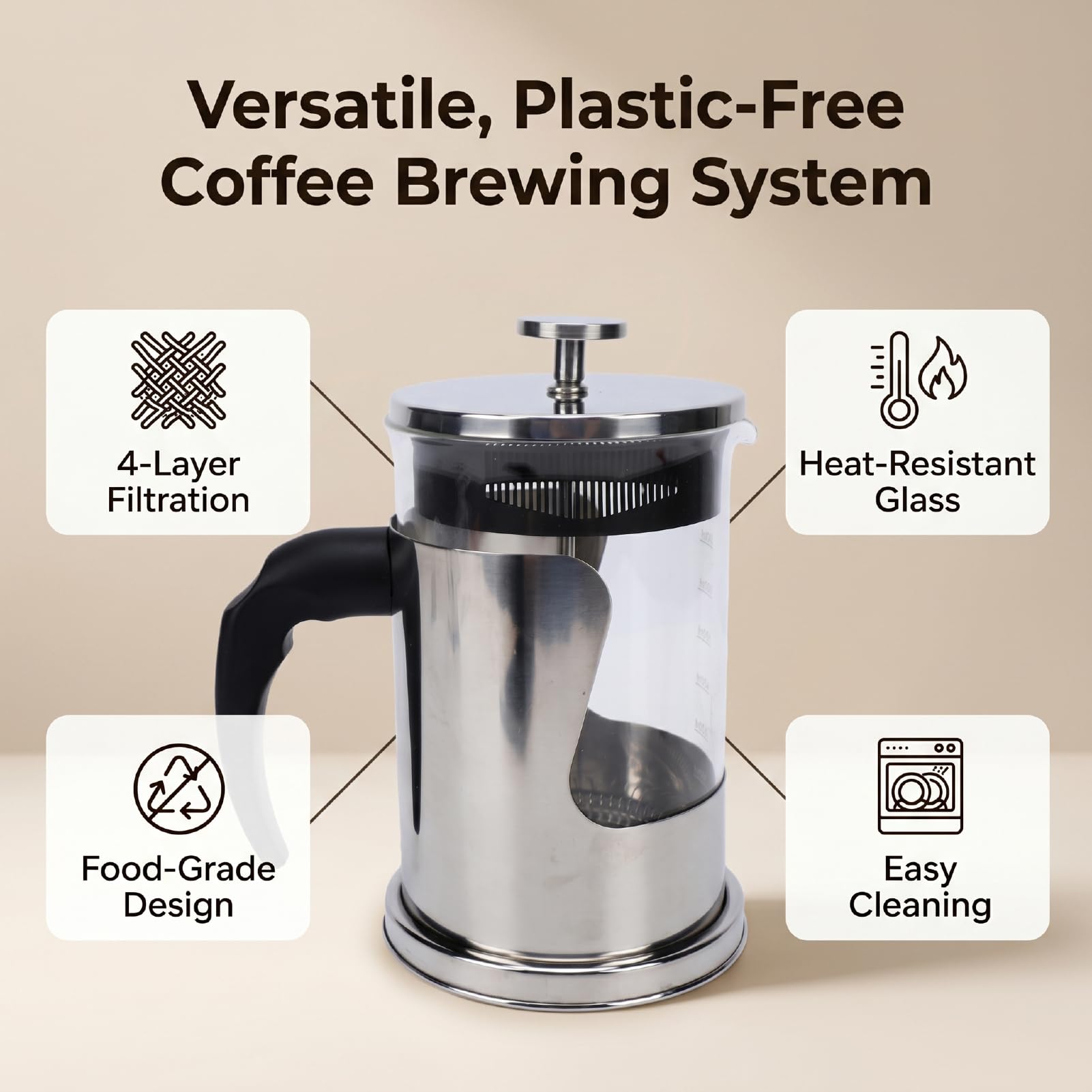 Cryfokt Cafetière à Presse Française, Acier Inoxydable 304 et Verre à Haute Teneur en Borosilicate avec Filtre entrelacé de 80 Mailles pour la Maison, les Voyages, le Camping ou le Bureau (SILVER