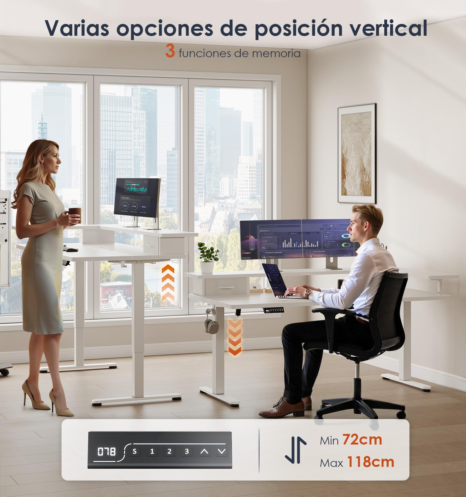OffiGo Escritorio Elevable con Cajón y USB, 140×60 cm, Weiß | Soporte para monitor en L, 3 memorias, escritorio eléctrico regulable para oficina en casa, USB integrado, 72-121 cm
