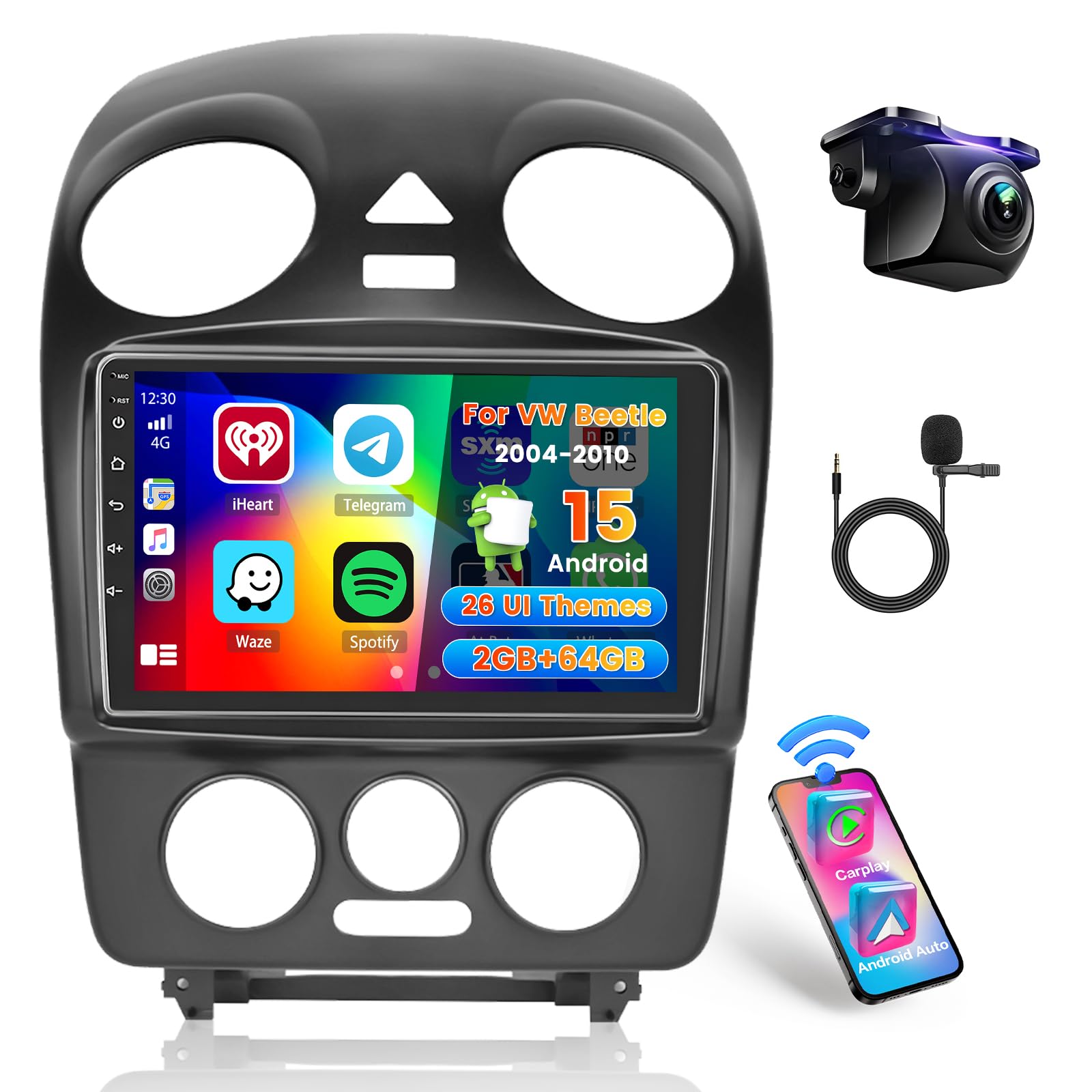 Hikity 2+64G Radio Android 9'' para VW Beetle 2004-2010 | Inalámbrico Carplay Android Auto, Bluetooth WiFi GPS EQ FM/RDS SWC Cámara Trasera, Pantalla Táctil