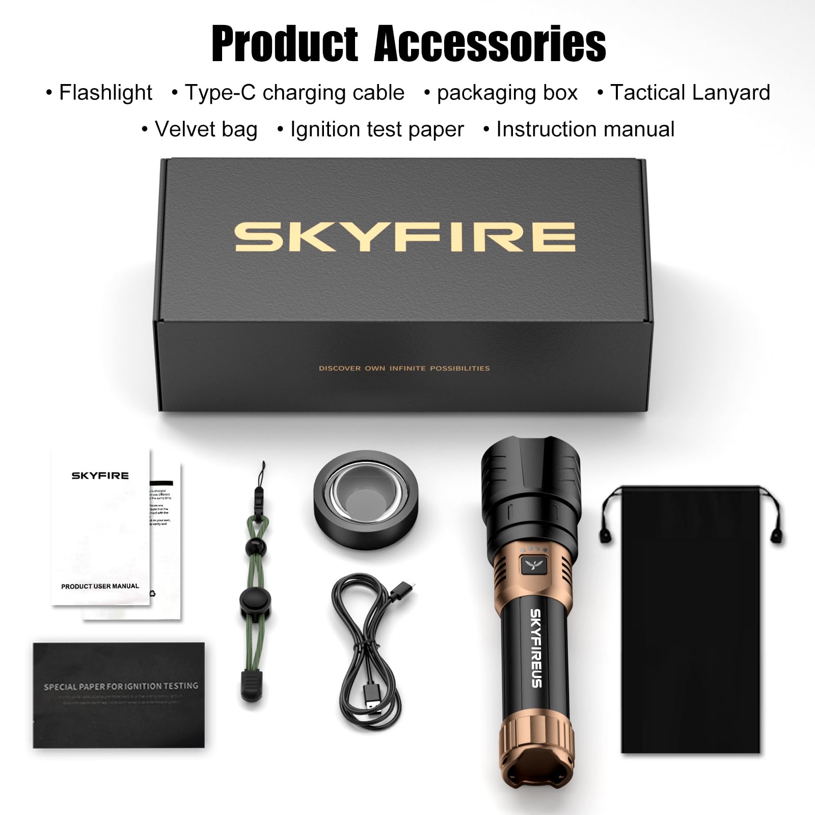 SKYFIRE Lampe Torche Tactique LED Ultra Puissante 50000 Lumens - Zoom Réglable, Lentille d'Allumage, 4 Modes d'Éclairage, Fonction Powerbank, Étanche IPX6 pour Outdoor, Camping (Noir et or)