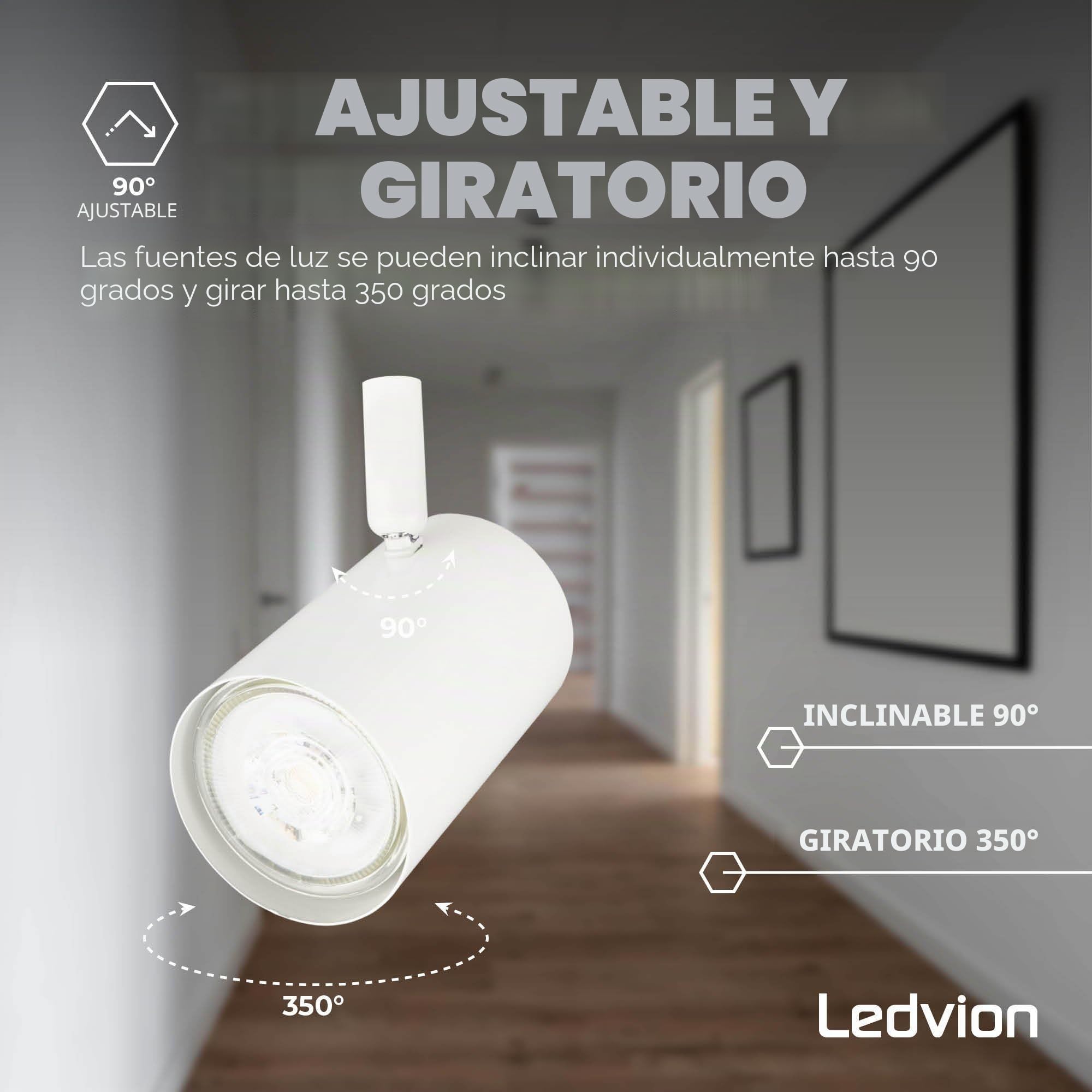 Ledvion - Foco de Techo LED, Blanco, 4 Luces, Regulable, 5W, 4000K, Rectangular, Casquillo GU10, IP20, Inclinable, Incluye Bombilla GU10 | Con bombilla suministrada para pasillo, salón, cocina, dormitorio e interior seco