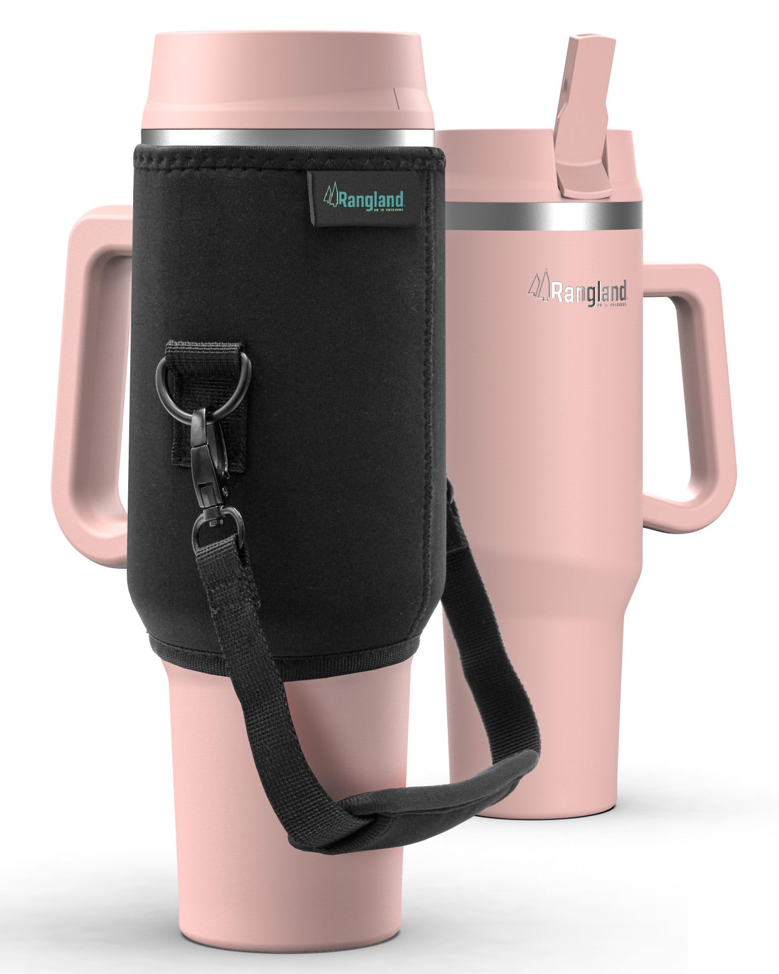 Rangland 40 oz Tumbler with Handle and Carrying Sleeve – Insulated Water Bottle Cup with Straw Lid and Neoprene Bag Carrier, Blush Pink