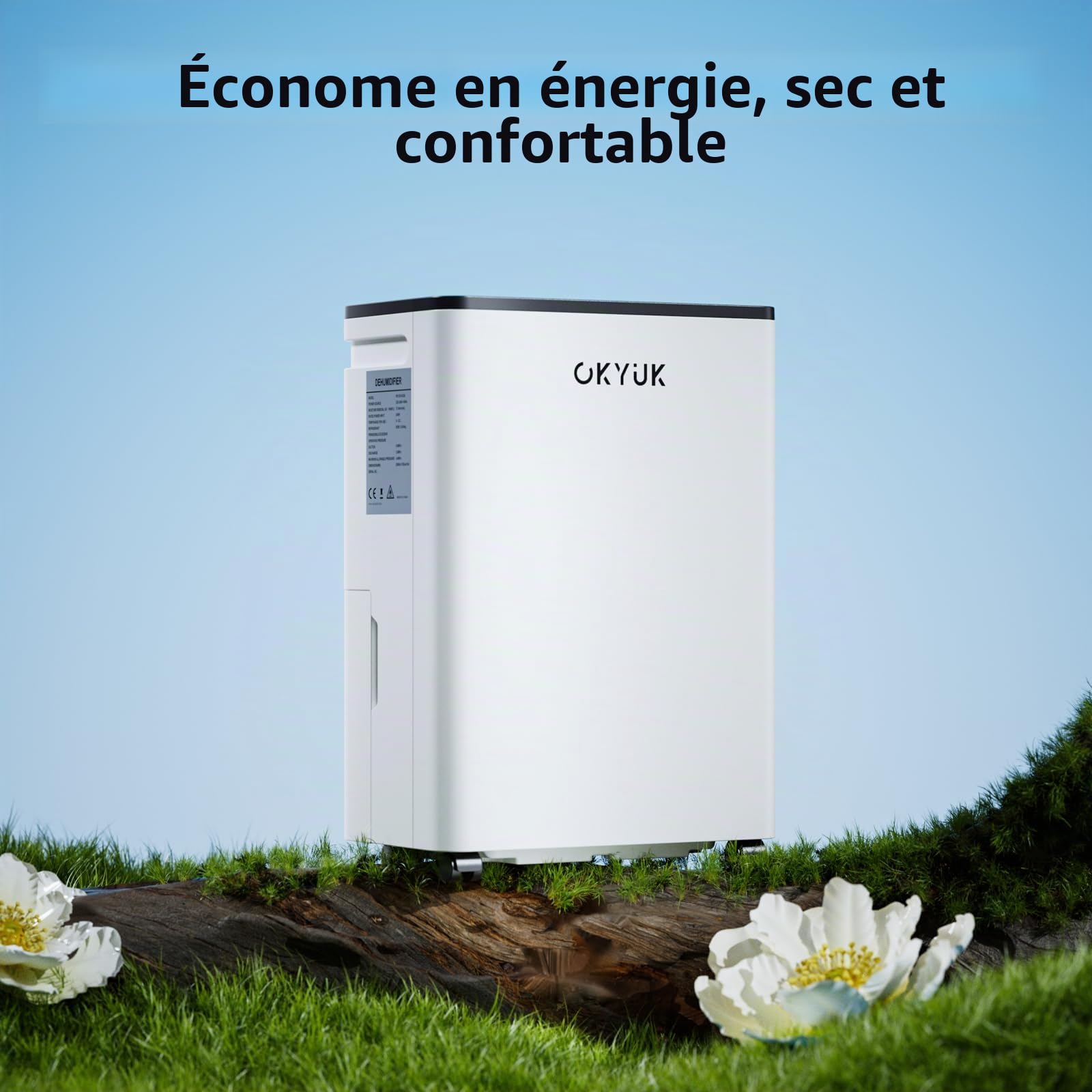 OKYUK Deshumidificateur d air 12 litres/jour, convient pour les pièces d'environ 90 mètres cubes (30 mètres carrés), déshumidificateur électrique, dégivrage automatique, 32 dB, PD12R-03DE